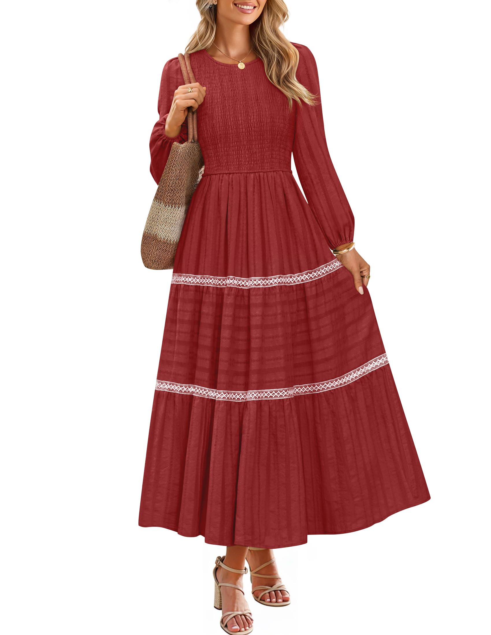 Luxuii Crewneck Smocked A Line Tiered Flowy Wedding Long Dress