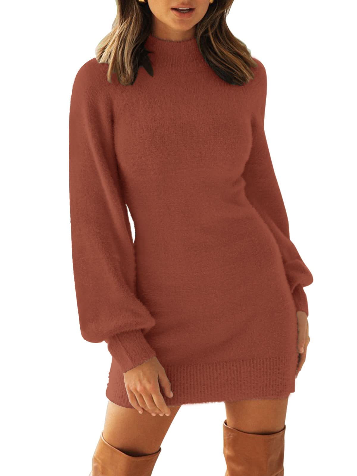 Luxuii Turtleneck Puff Sleeve Bodycon Mini Sweater Dress