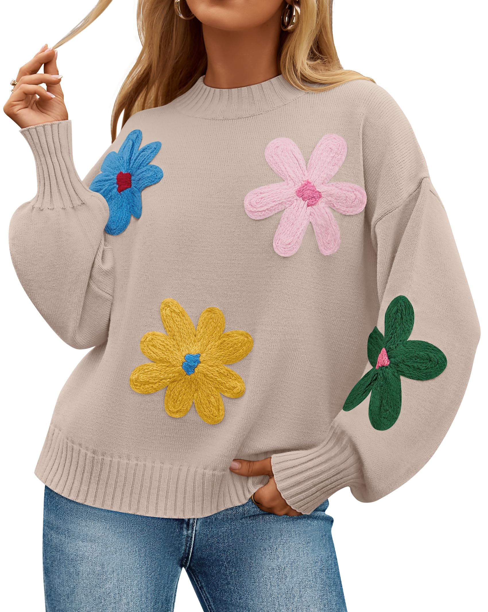 Luxuii Crewneck Ribbed Knit Flower Color Block Loose Pullover Tops