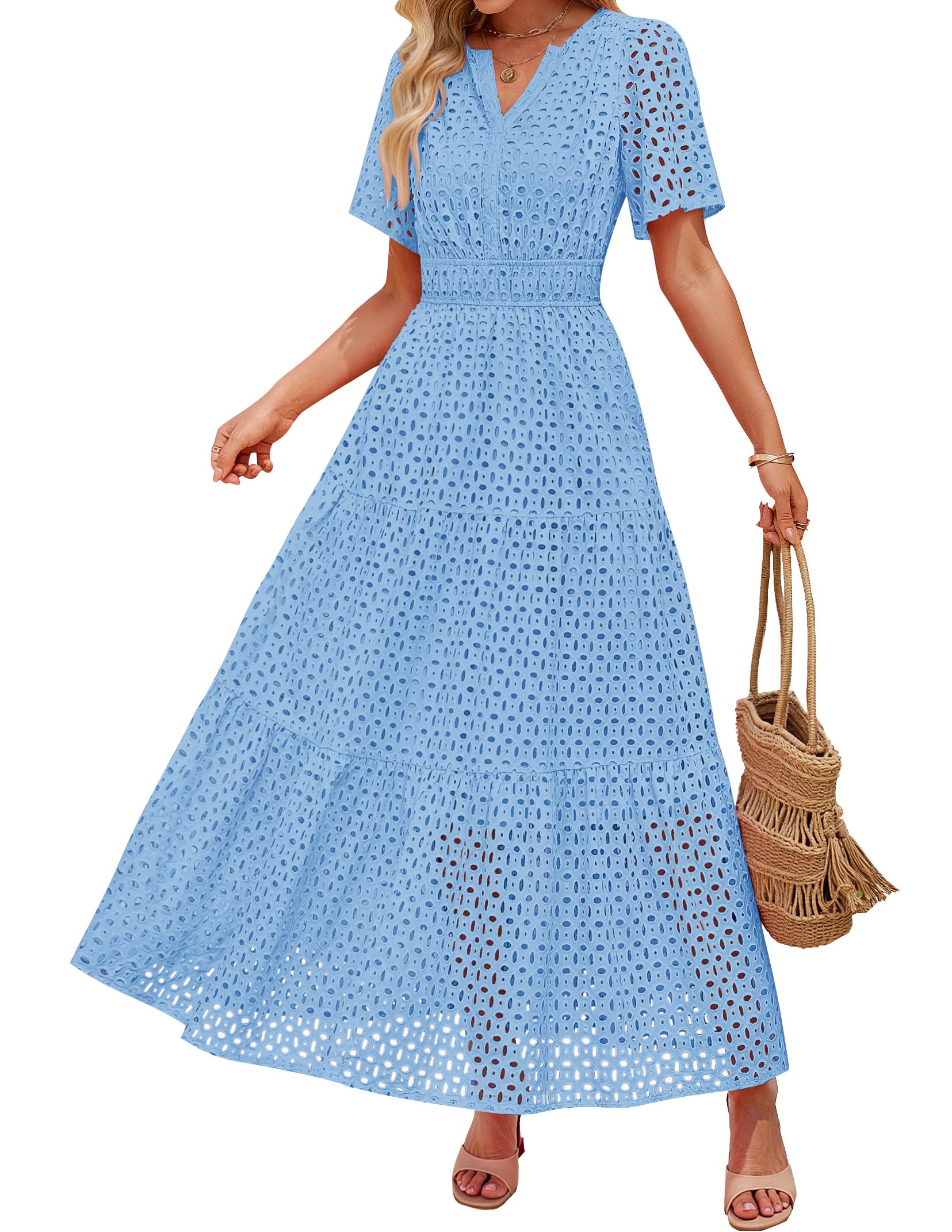 Luxuii V Neck Hollow Out Eyelet Ruffle Swing A Line Long Dresses