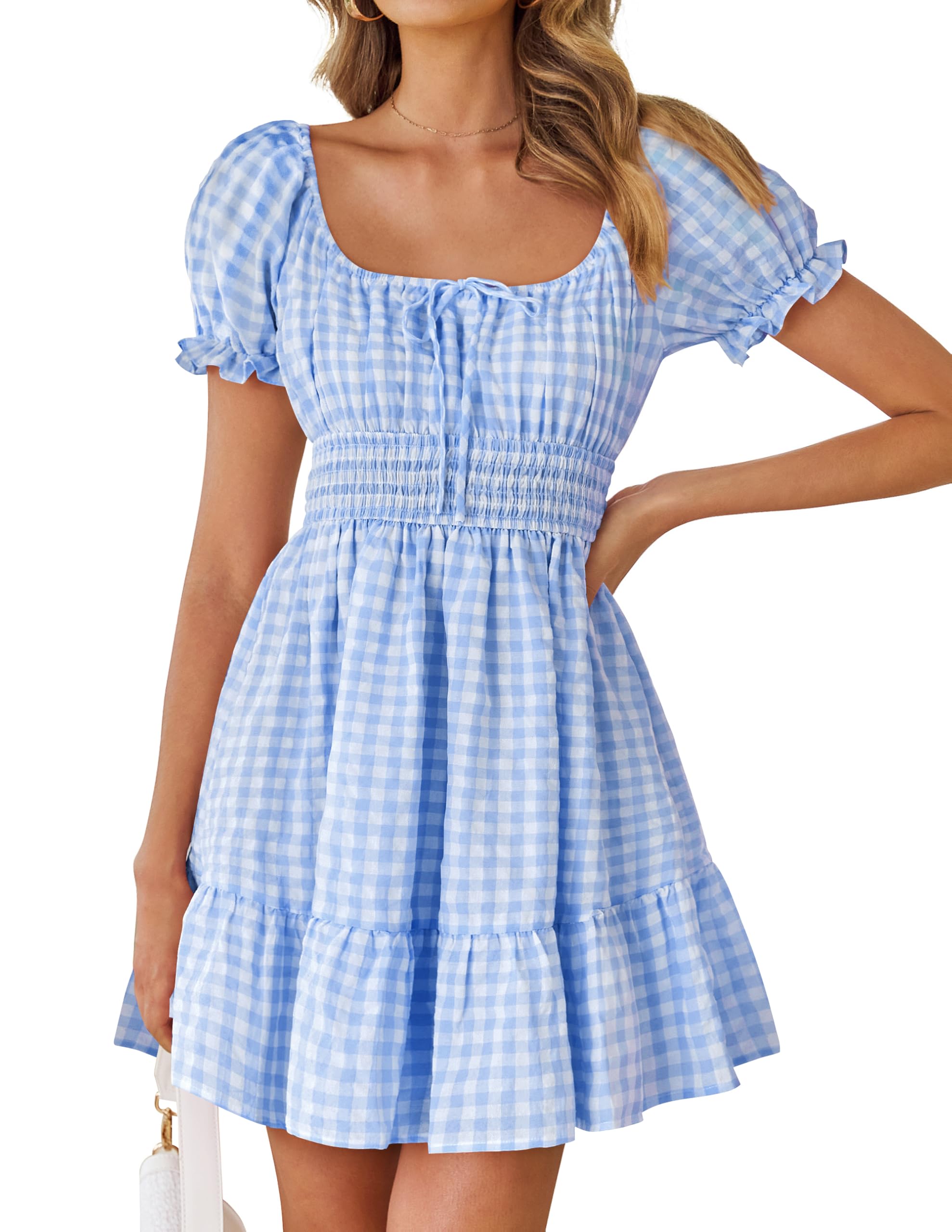 Luxuii Square Neck Puff Sleeve Plaid Ruffle Flowy Smocked Dresses