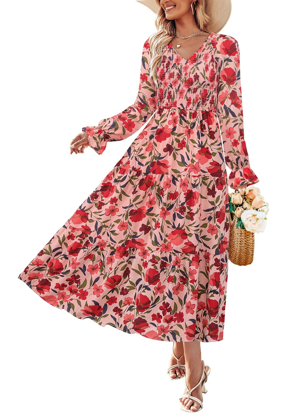 Luxuii Floral Boho V Neck A-Line Flowy Wedding Guest Dresses