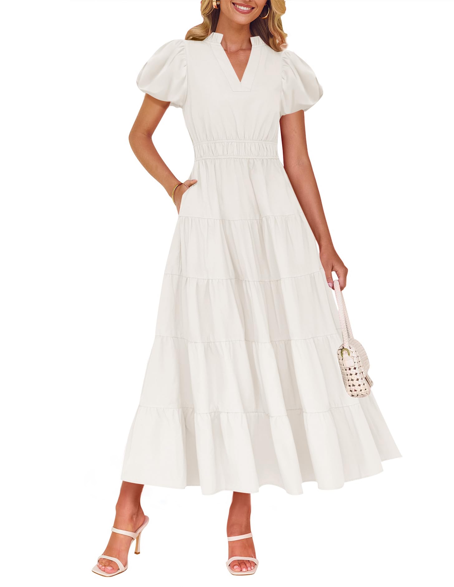 Luxuii Puff Short Sleeve V Neck Ruffle Tiered Flowy Boho Dresses