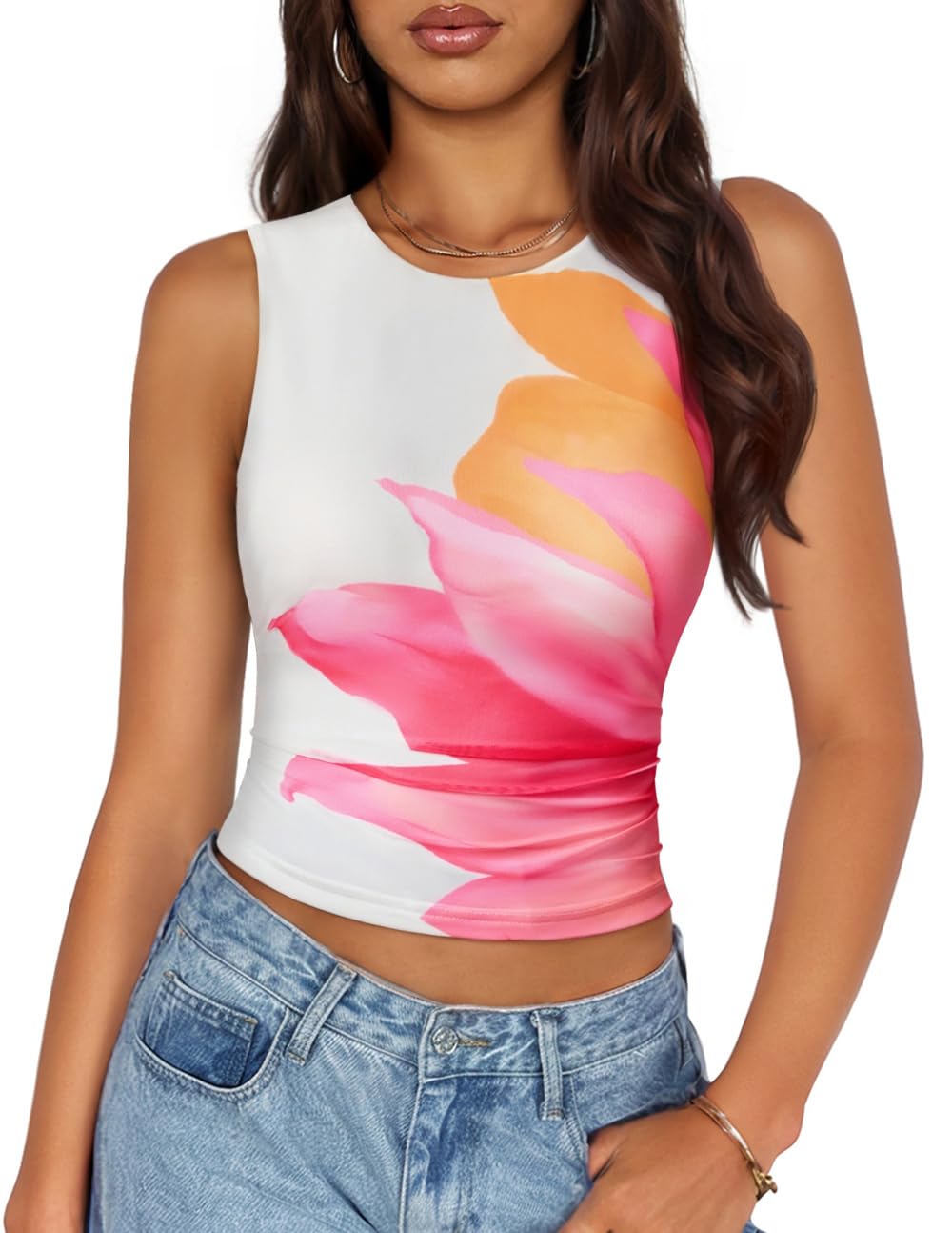 Luxuii Sleeveless Floral Tank Tops Mesh Y2K Crop Going Out Outfits
