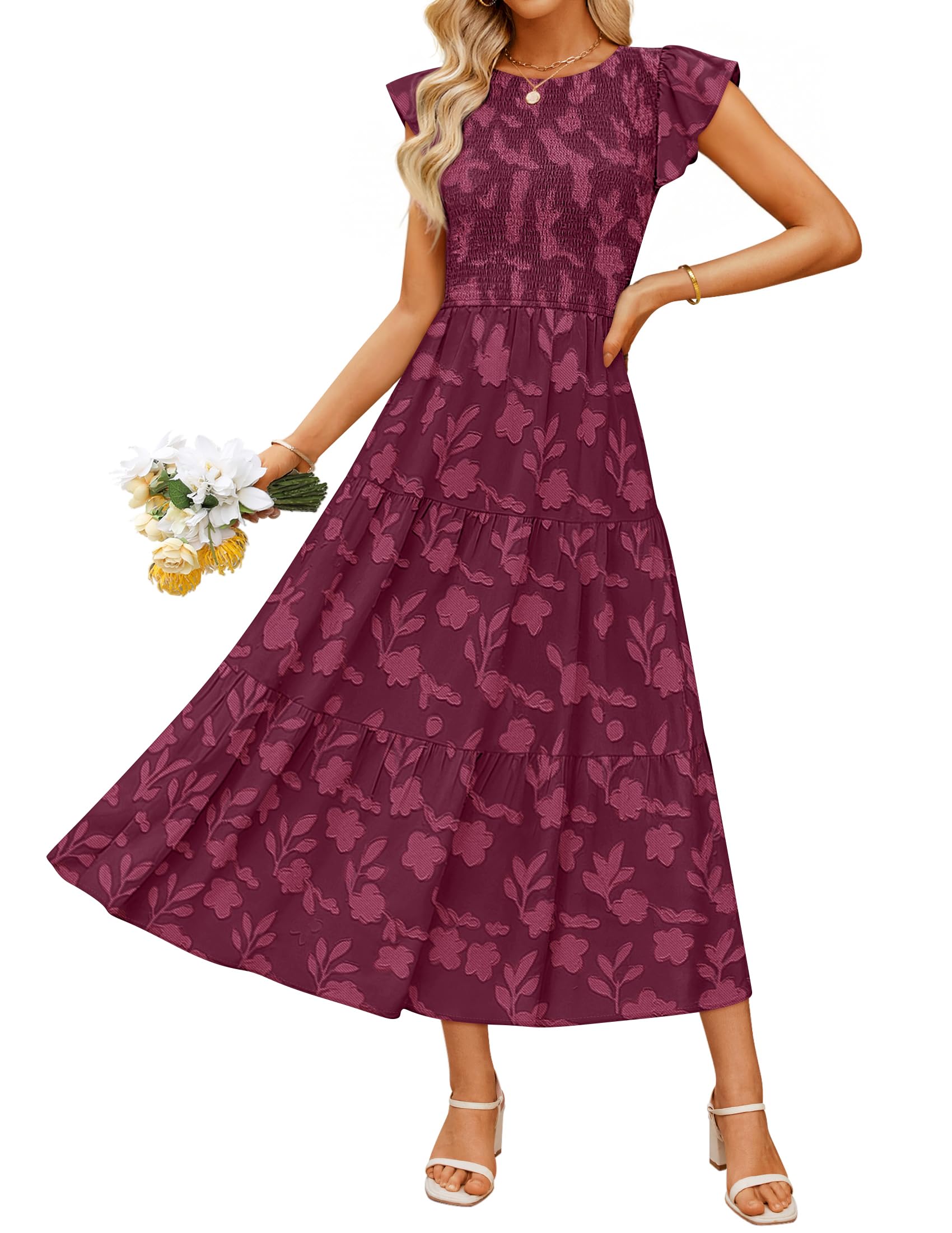 Luxuii Boho Floral Casual Flutter Crewneck Smocked Flowy Beach Long Dresses