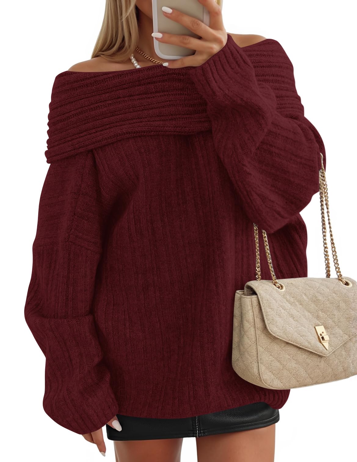 Luxuii Off The Shoulder Sweater Oversized Winter Ribbed Knit Tops