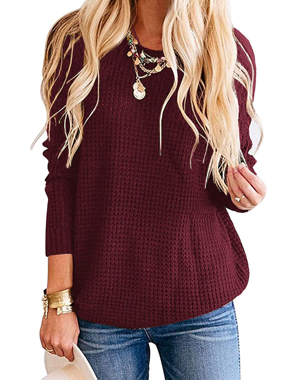Luxuii Waffle Knit Loose Pullover Tops