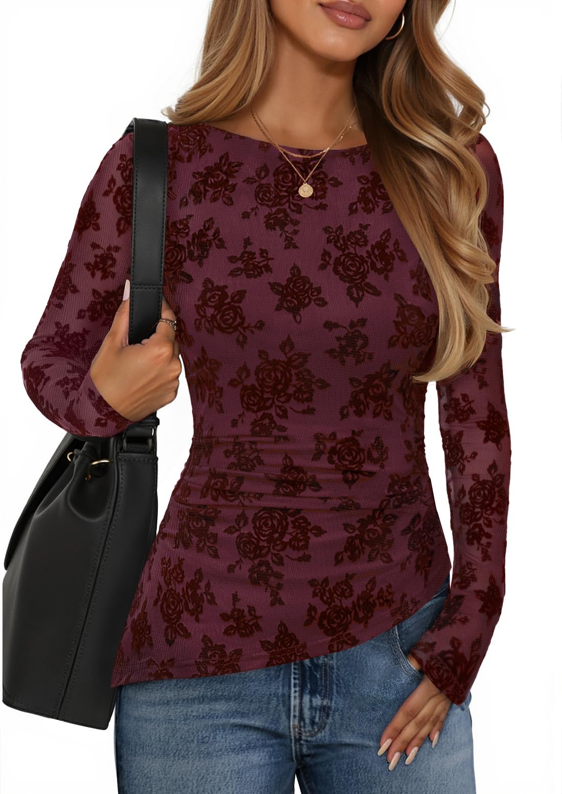Luxuii Floral Long Sleeve Boat Neck Ruched Tops Slim Fitted