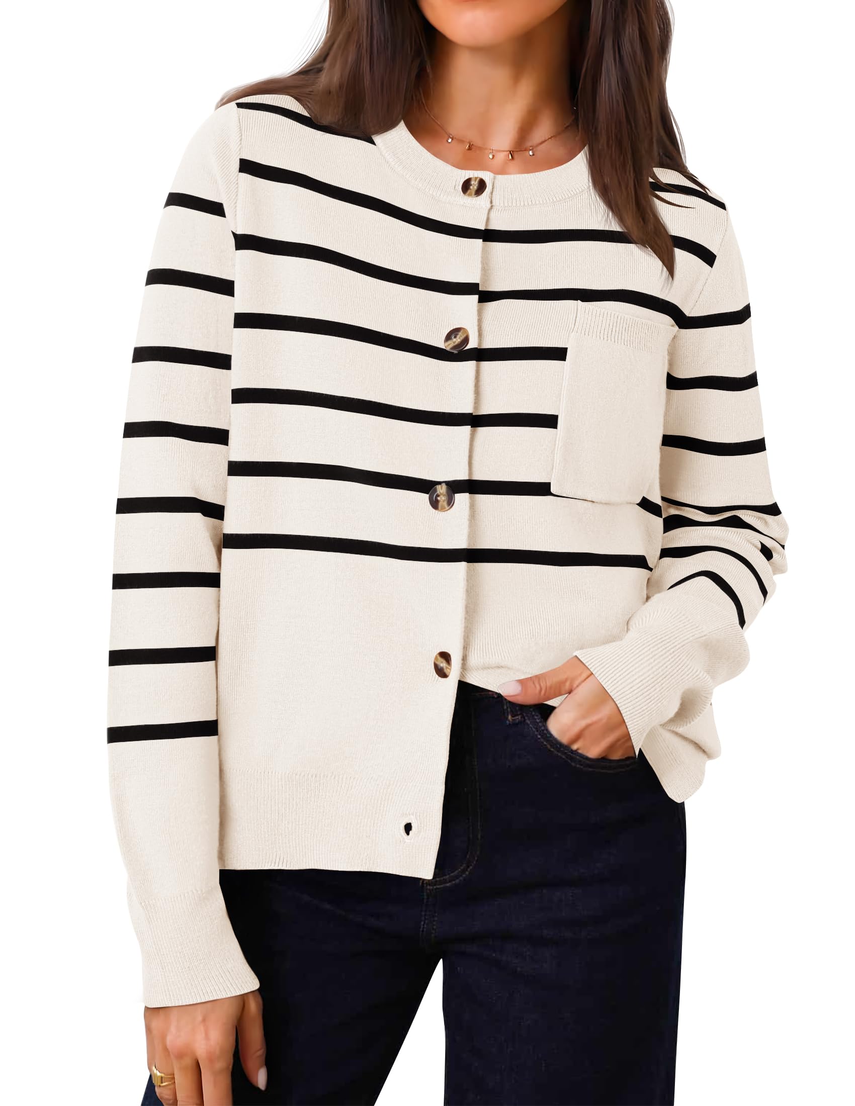 Luxuii Striped Open Front Button Down Knit Outerwear Coat