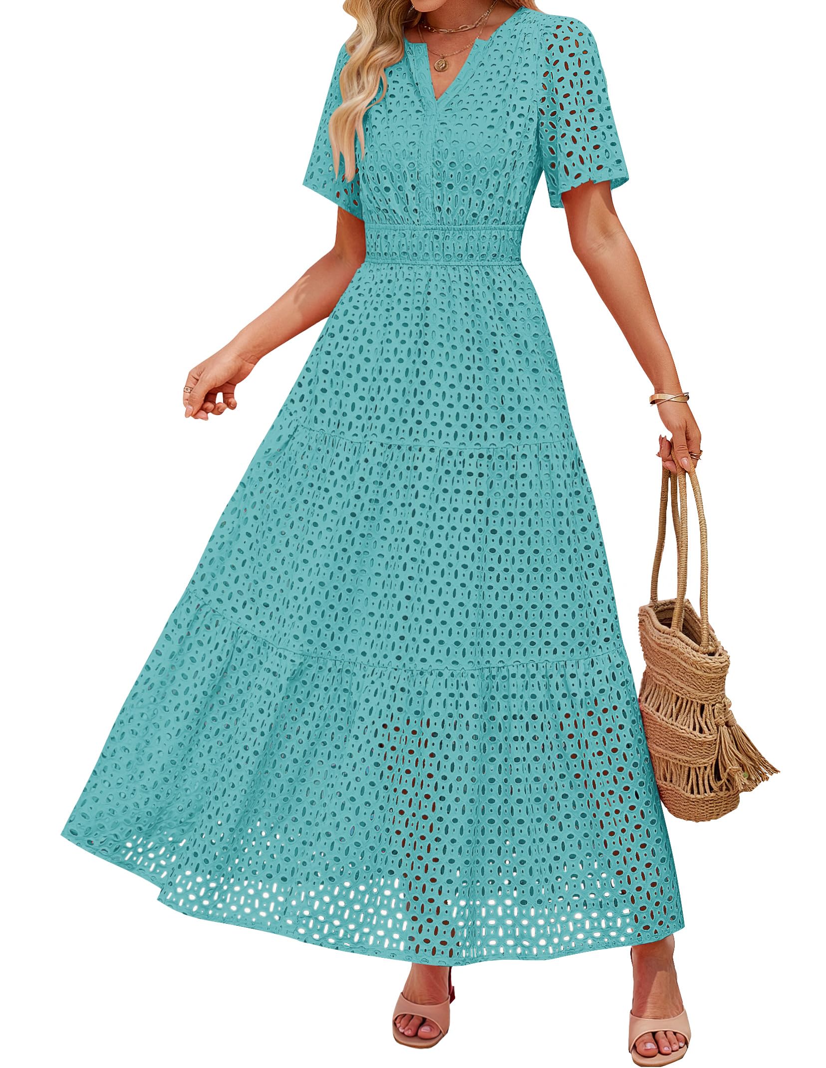 Luxuii V Neck Hollow Out Eyelet Ruffle Swing A Line Long Dresses