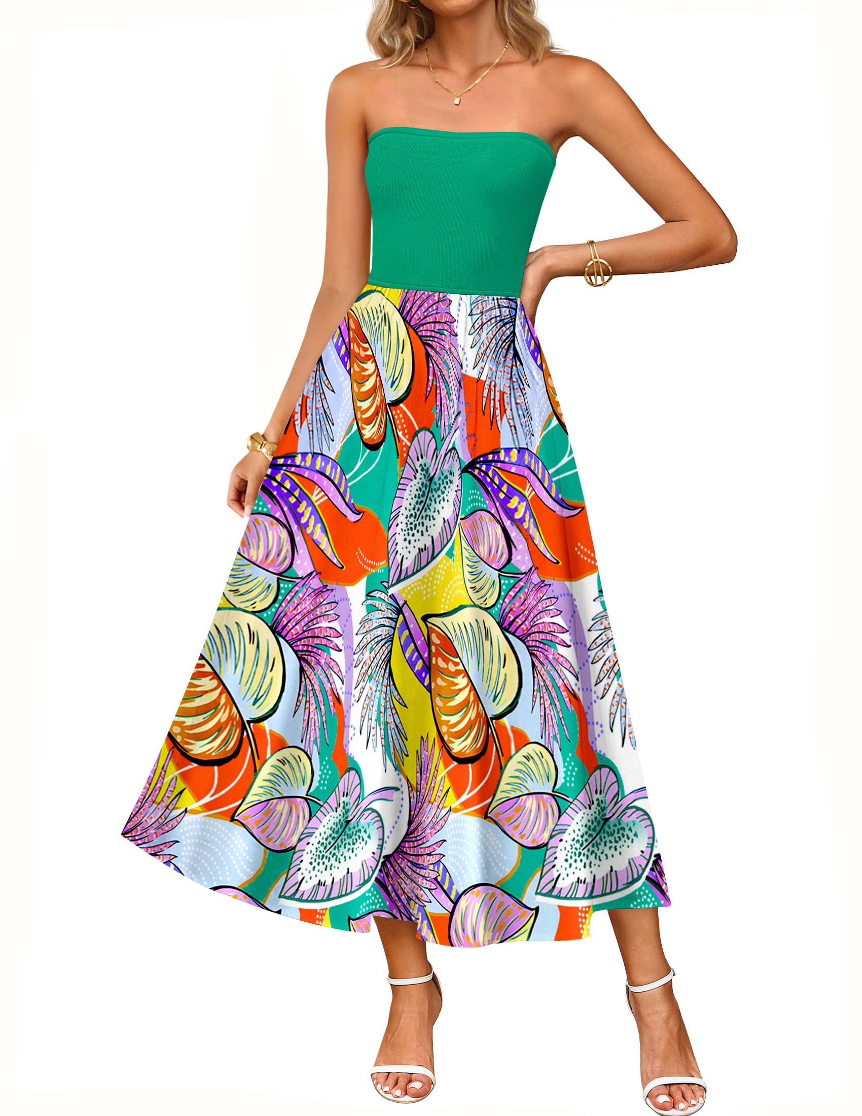 Luxuii Boho Strapless Off Shoulder Polka Dot Printed Flowy Long Dresses