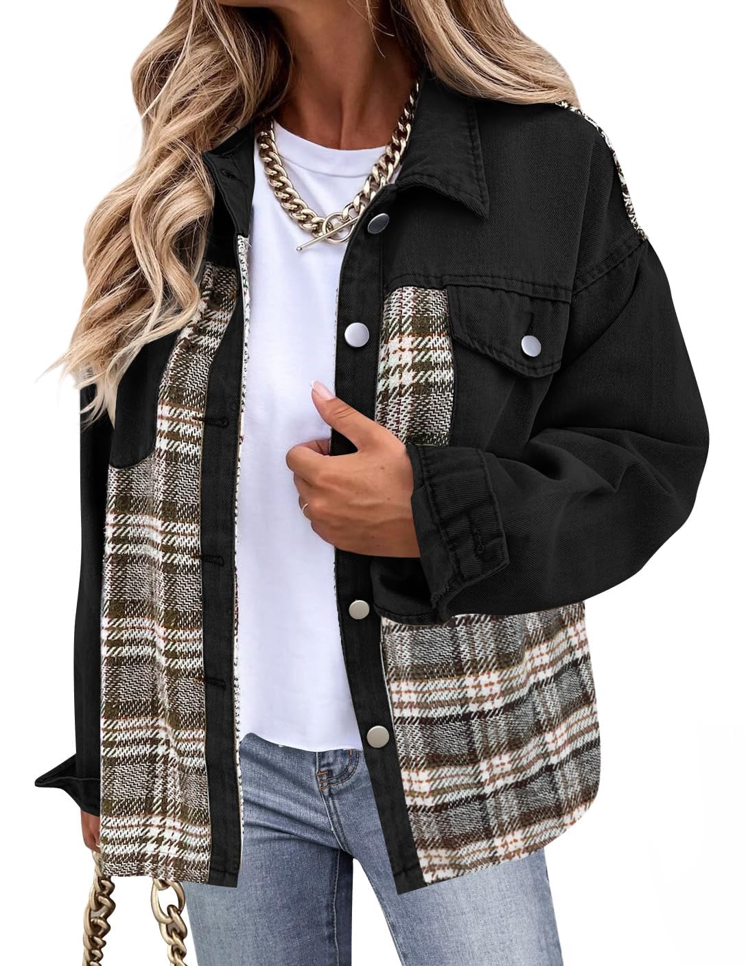 Luxuii Long Sleeve Plaid Button Down Lapel Collar Shacket with Pocket