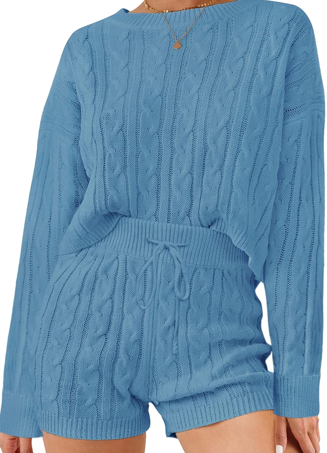 Luxuii Cable Knit Pullover Tops and Drawstring Shorts Lounge Set