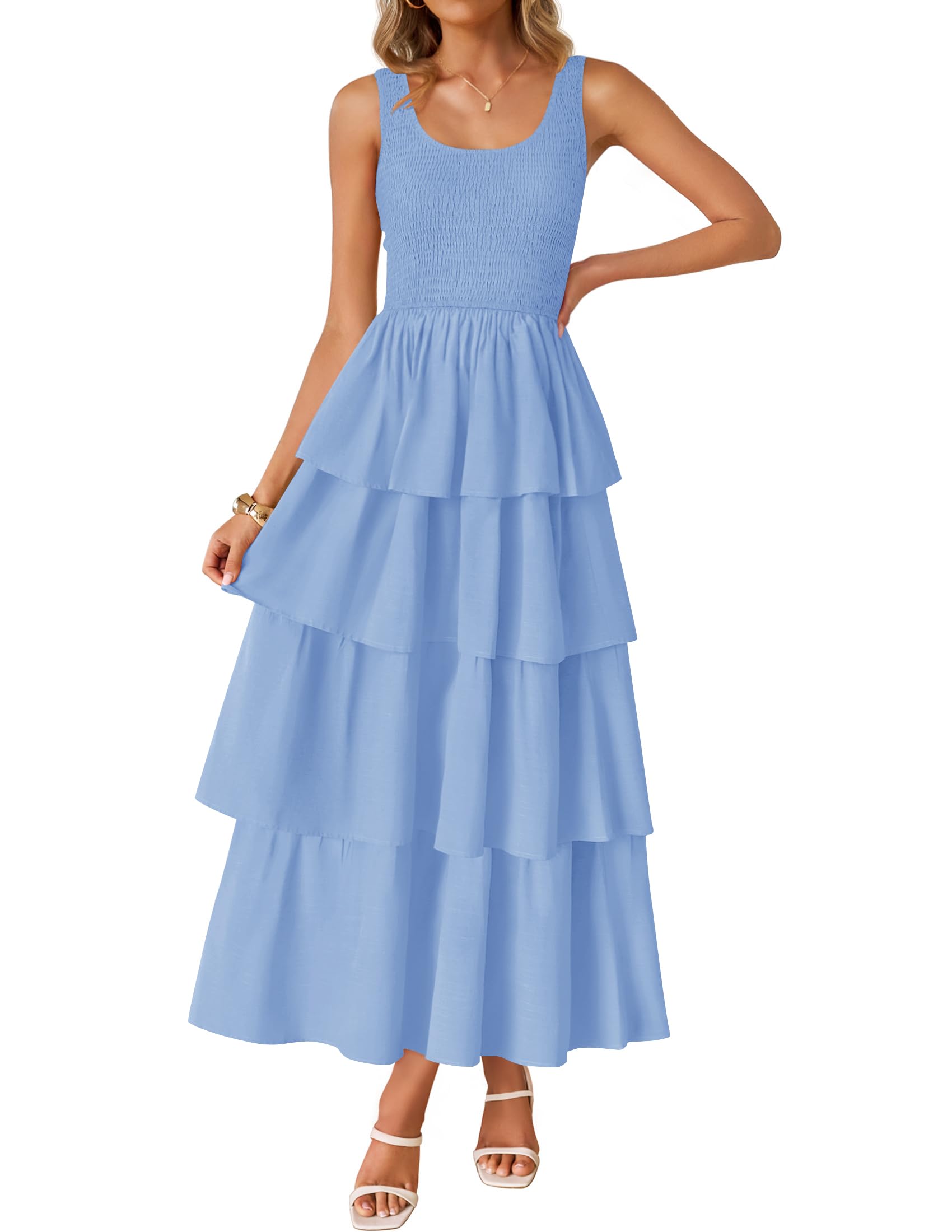 Luxuii Scoop Neck Ruffle Tiered Layered Swing Long Beach Dresses