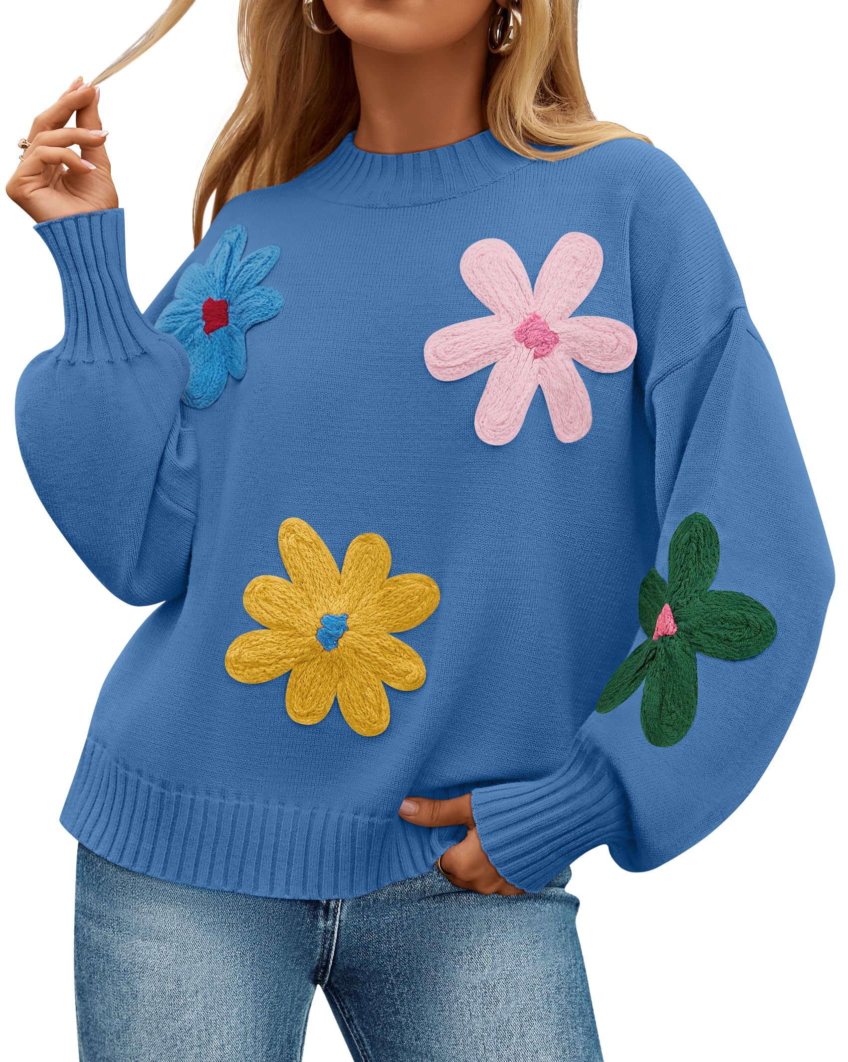 Luxuii Crewneck Ribbed Knit Flower Color Block Loose Pullover Tops