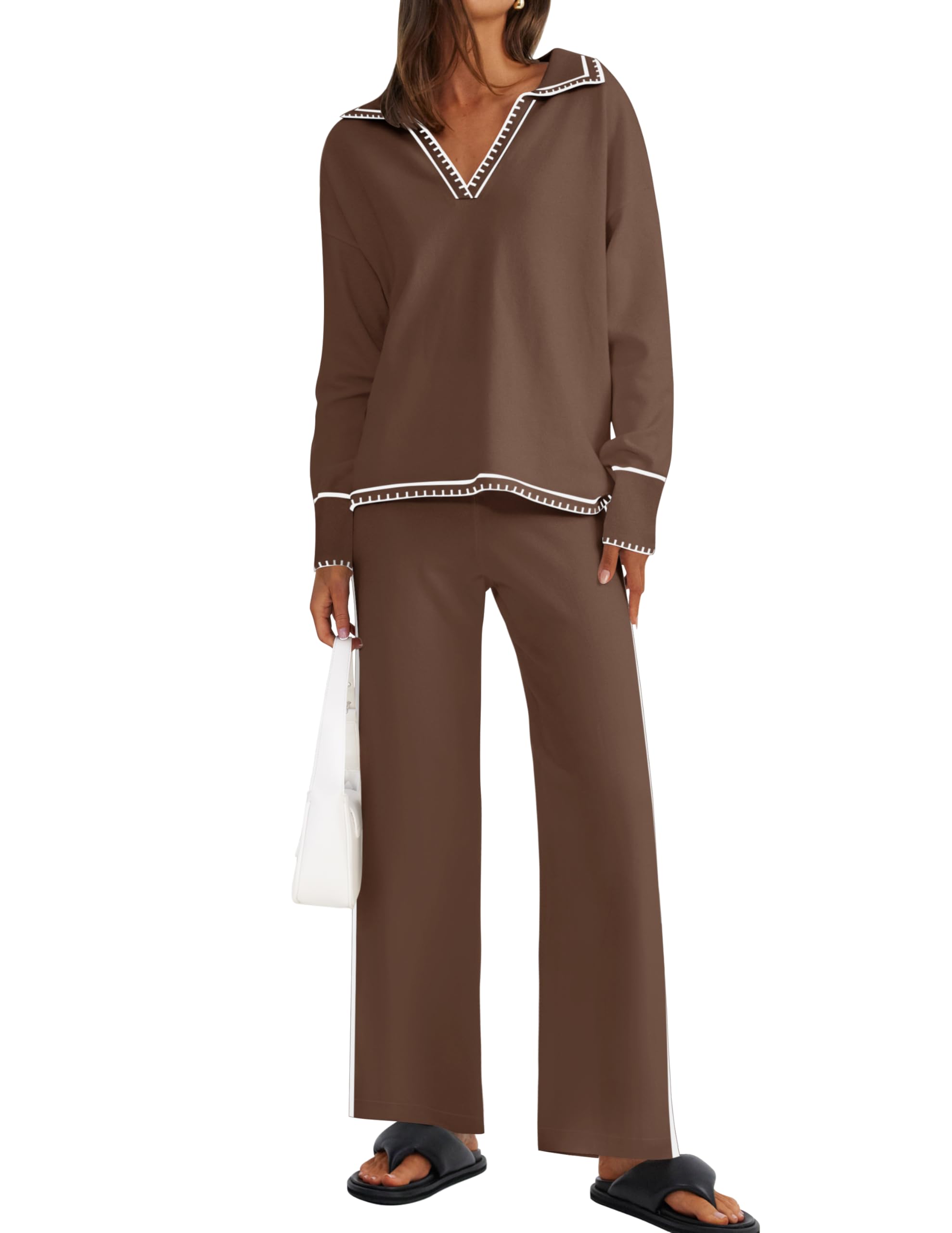 Luxuii V Neck Knit Tops Wide Leg Pants Sweatsuit Lounge Sets