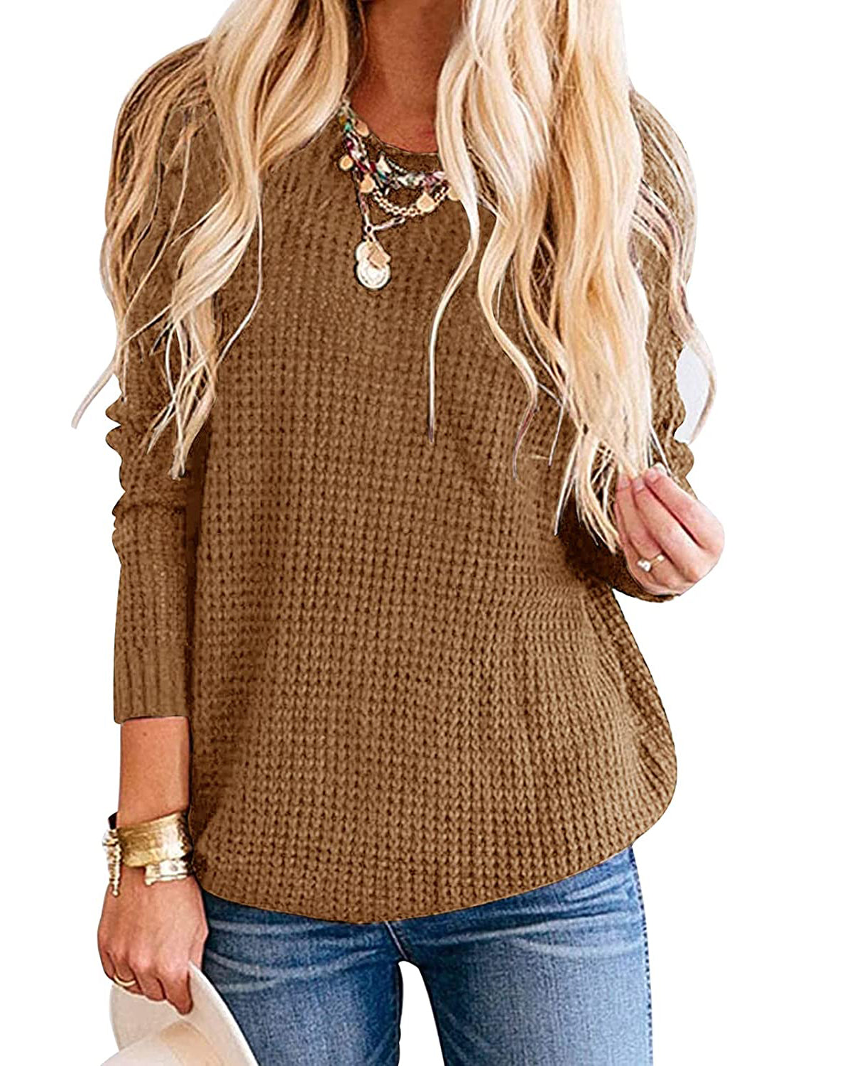 Luxuii Waffle Knit Loose Pullover Tops