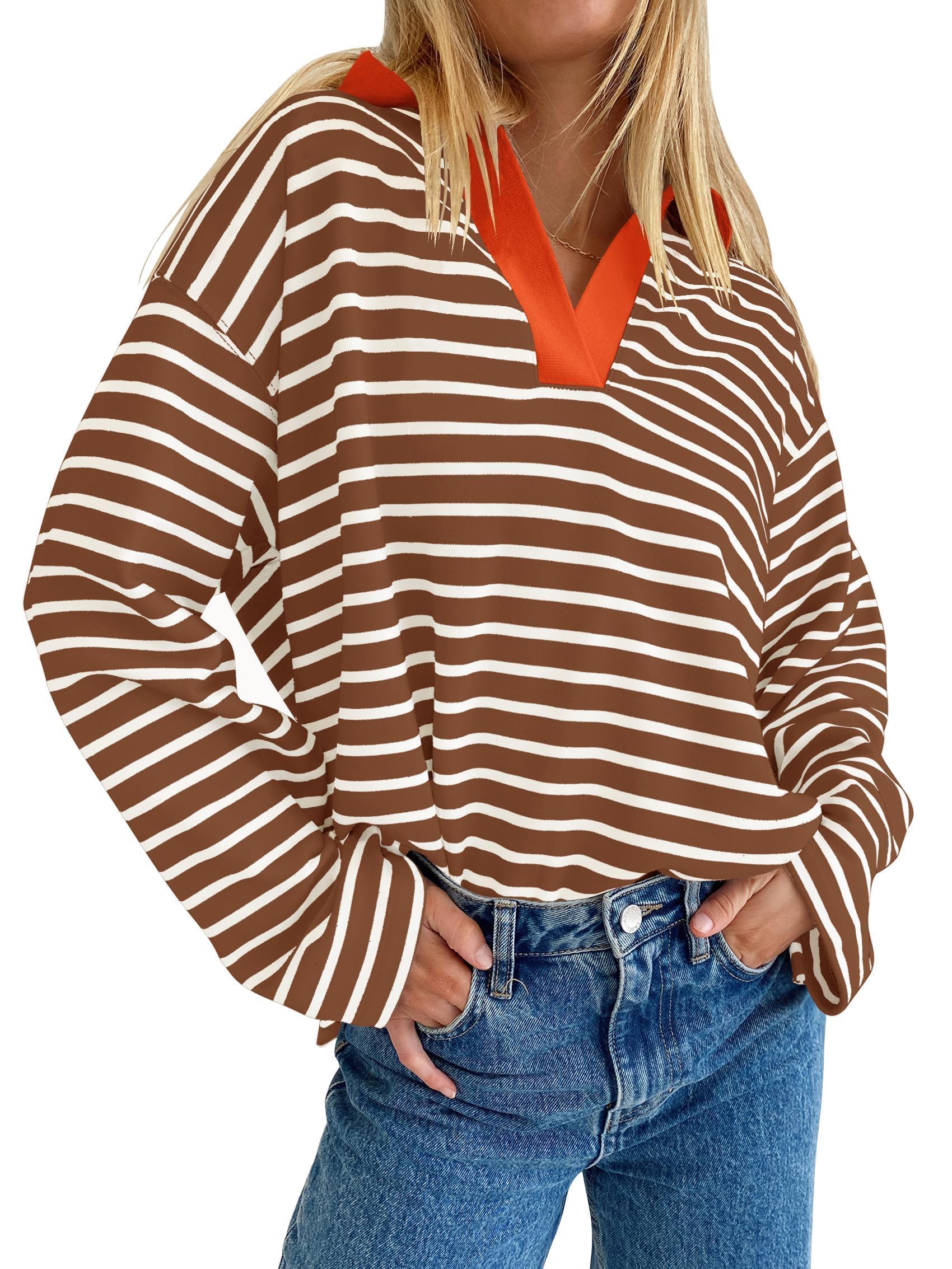 Luxuii Striped V Neck Oversized Sweatshirt Loose Fit Tunic Tops