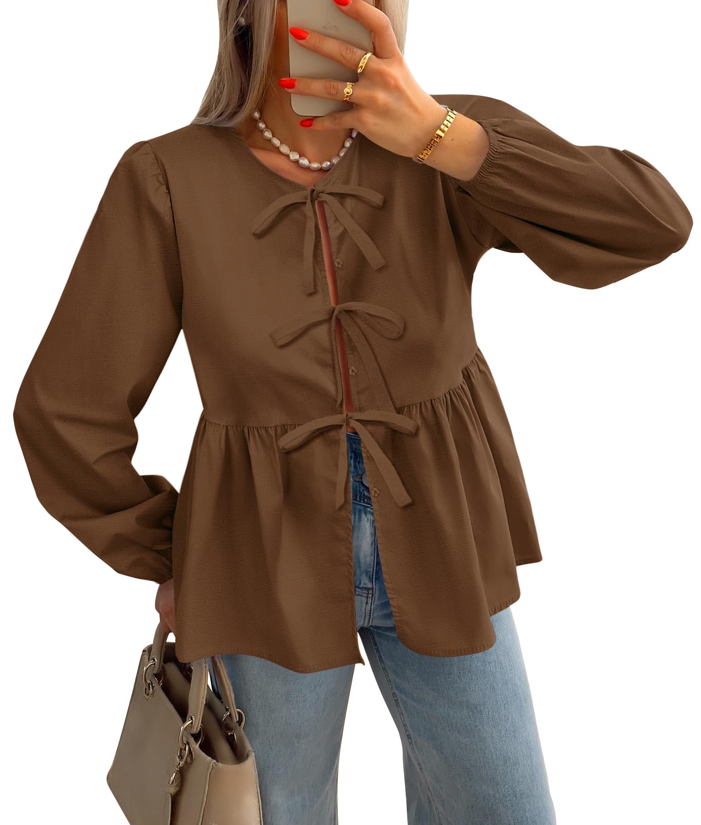 Luxuii Womens Tops Tie Front Long Puff Sleeve Button Peplum Babydoll Cute Shirts