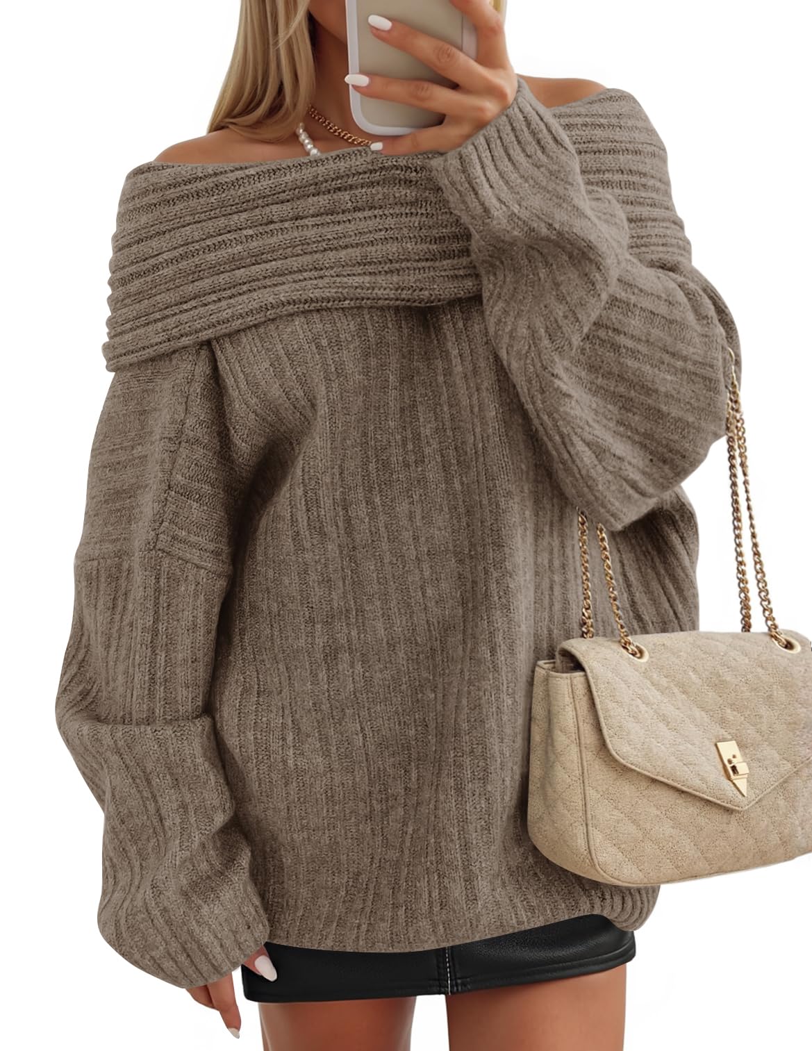 Luxuii Off The Shoulder Sweater Oversized Winter Ribbed Knit Tops