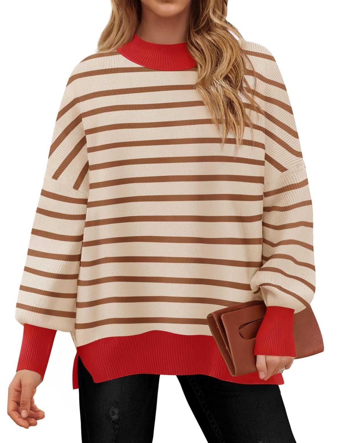 Luxuii  Striped Sweaters Mock Neck Comfy Knit Pullover Tops