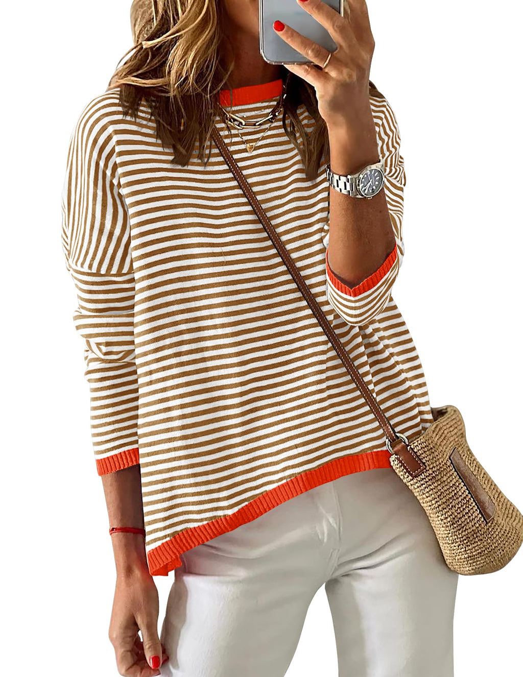 Luxuii Striped Crew Neck Color Block Pullover Tops