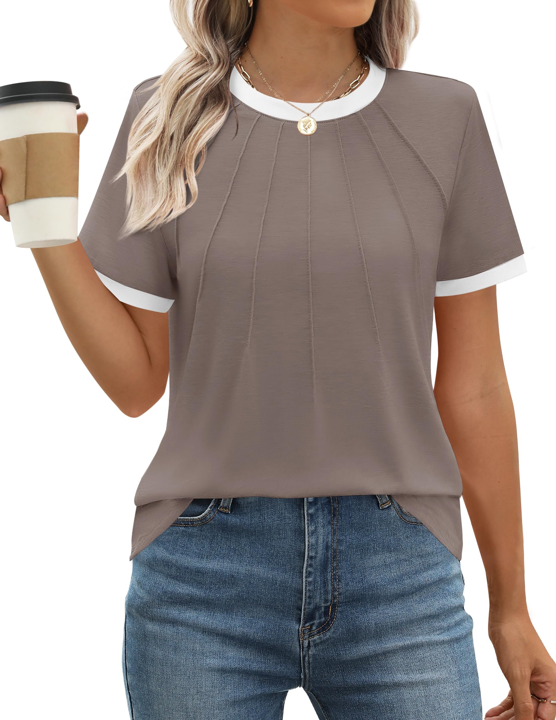 Luxuii WShort Sleeve Pleated Shirts Crewneck Color Block Tops