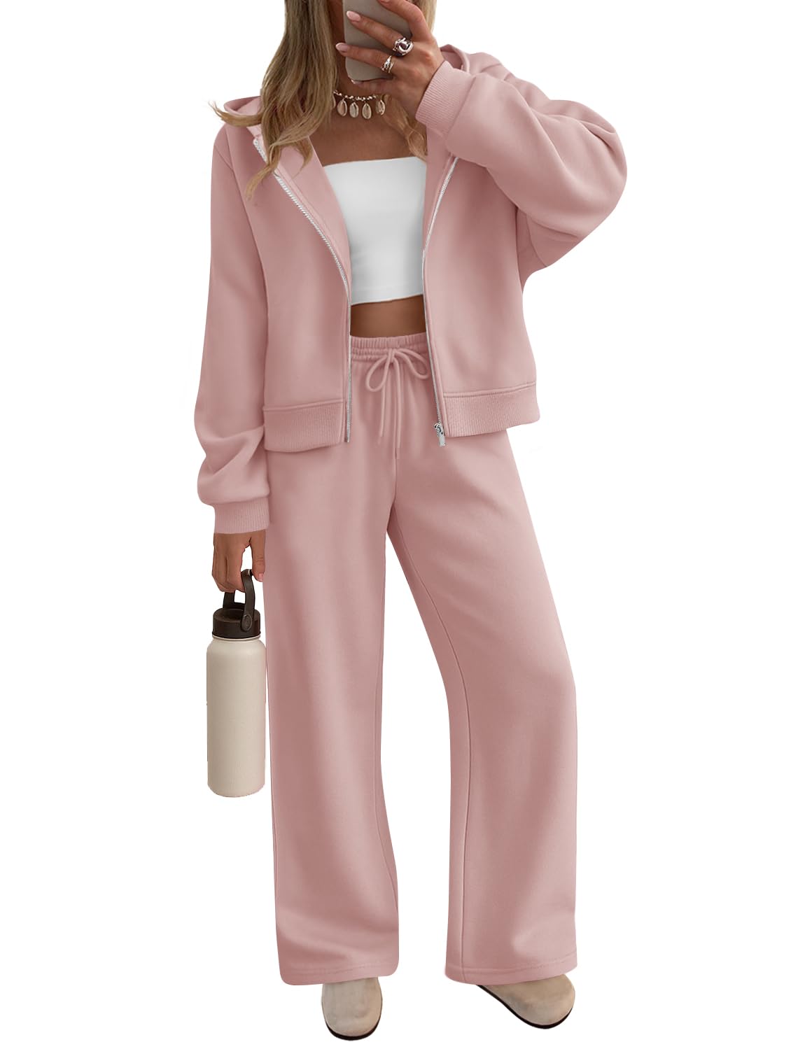 Luxuii Fleece Hoodie Zip Up Sweatshirt Long Sweatpant Matching Set