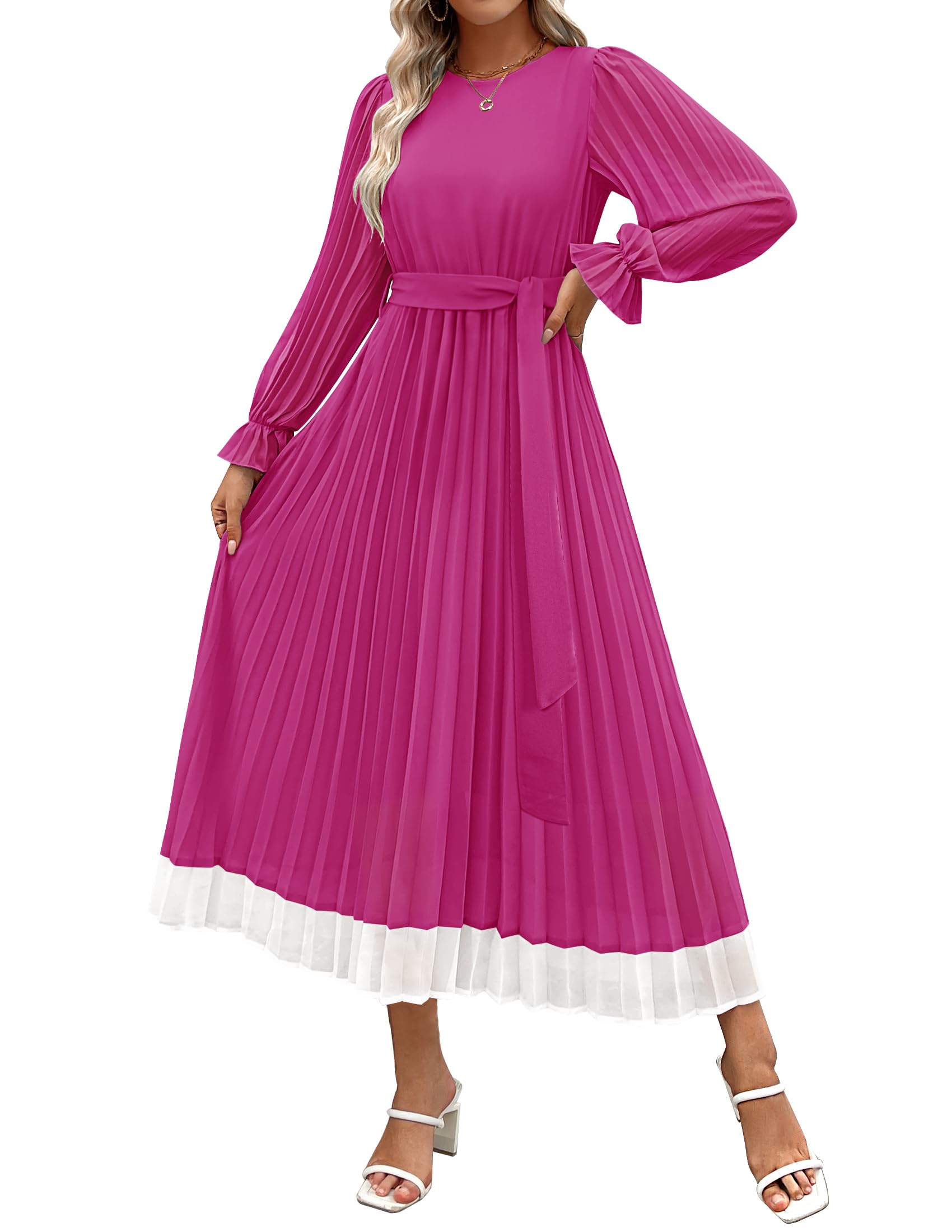 Luxuii Chiffon Crew Neck Pleated A Line Flowy Midi Dresses