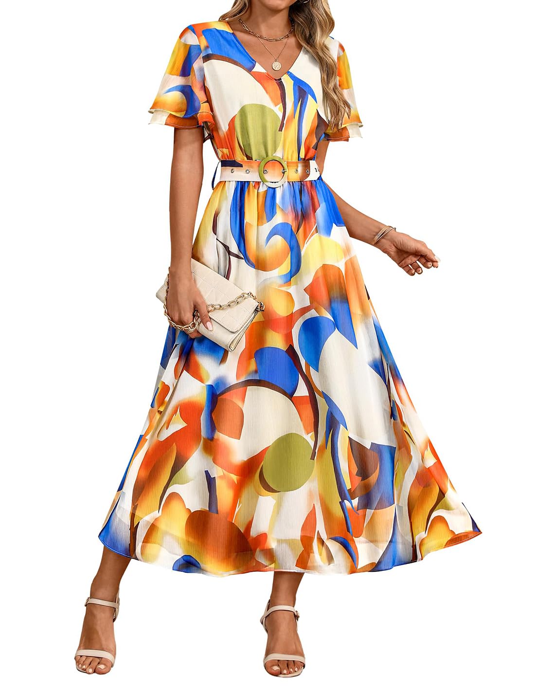 Luxuii Floral Print Short Sleeve V Neck High Waist Flowy Dress