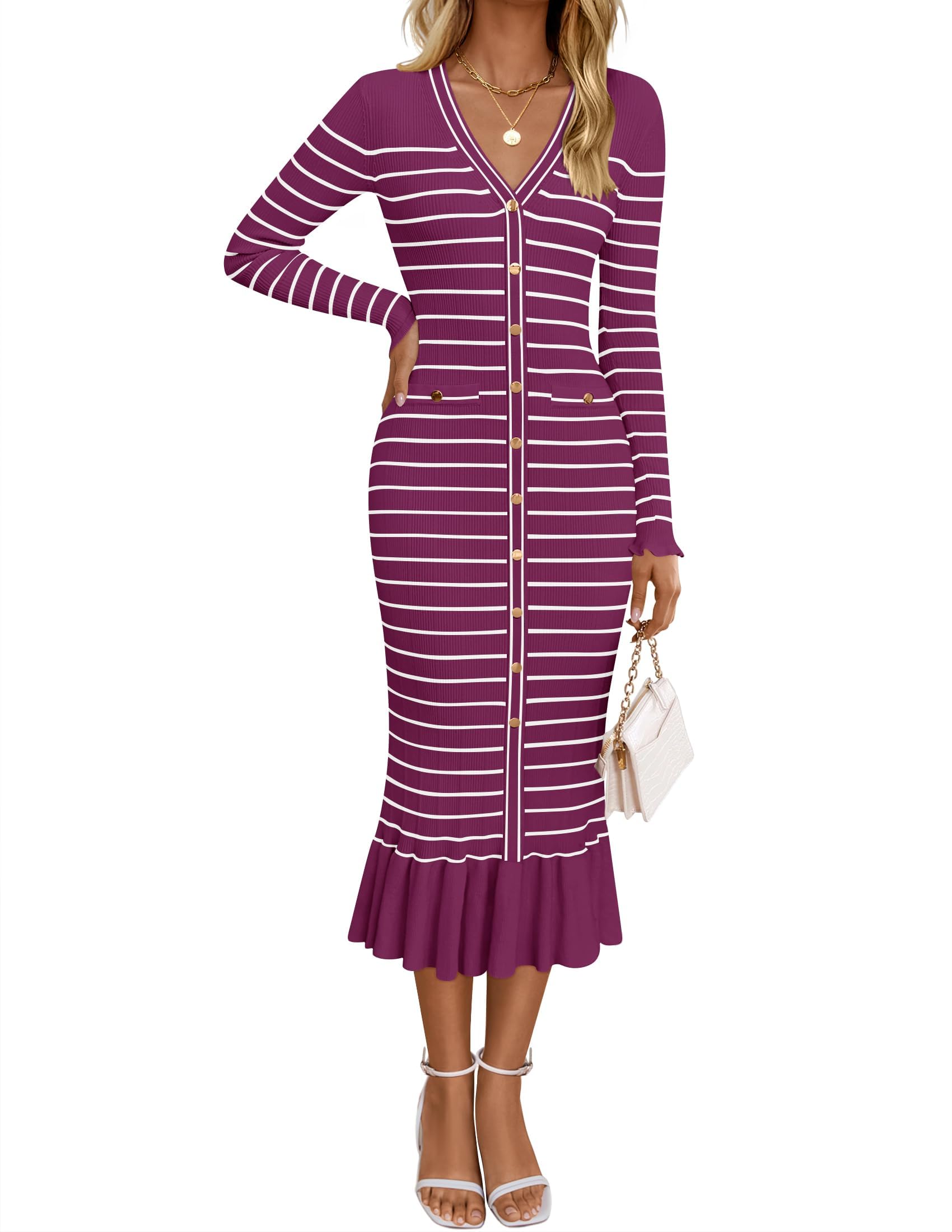 Luxuii Striped V Neck Button Elegant Bodycon Knit Dresses