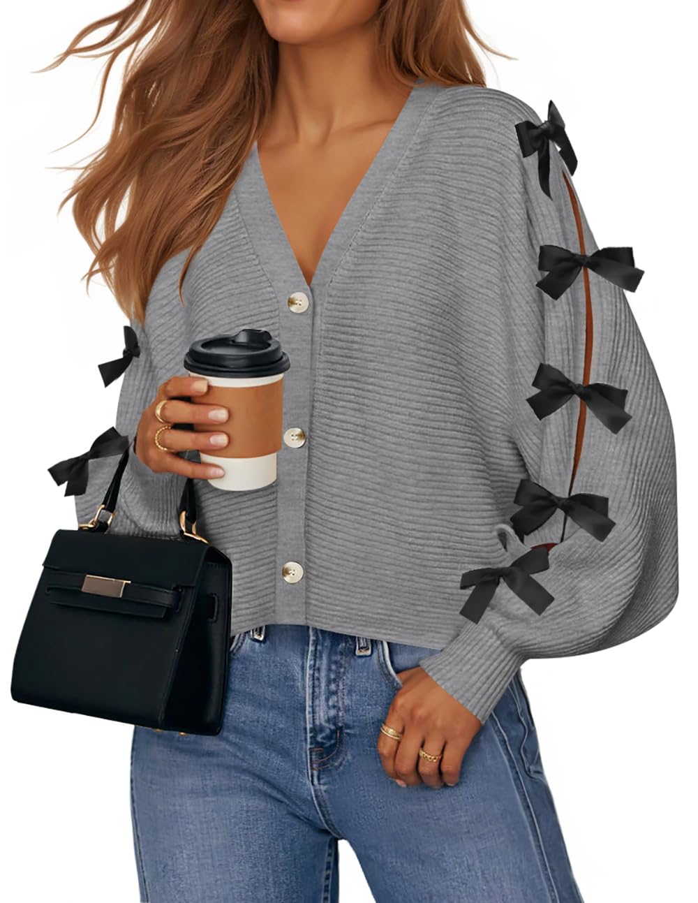 Luxuii Fall Bow Cardigans Button V Neck Knit Outerwear Coats