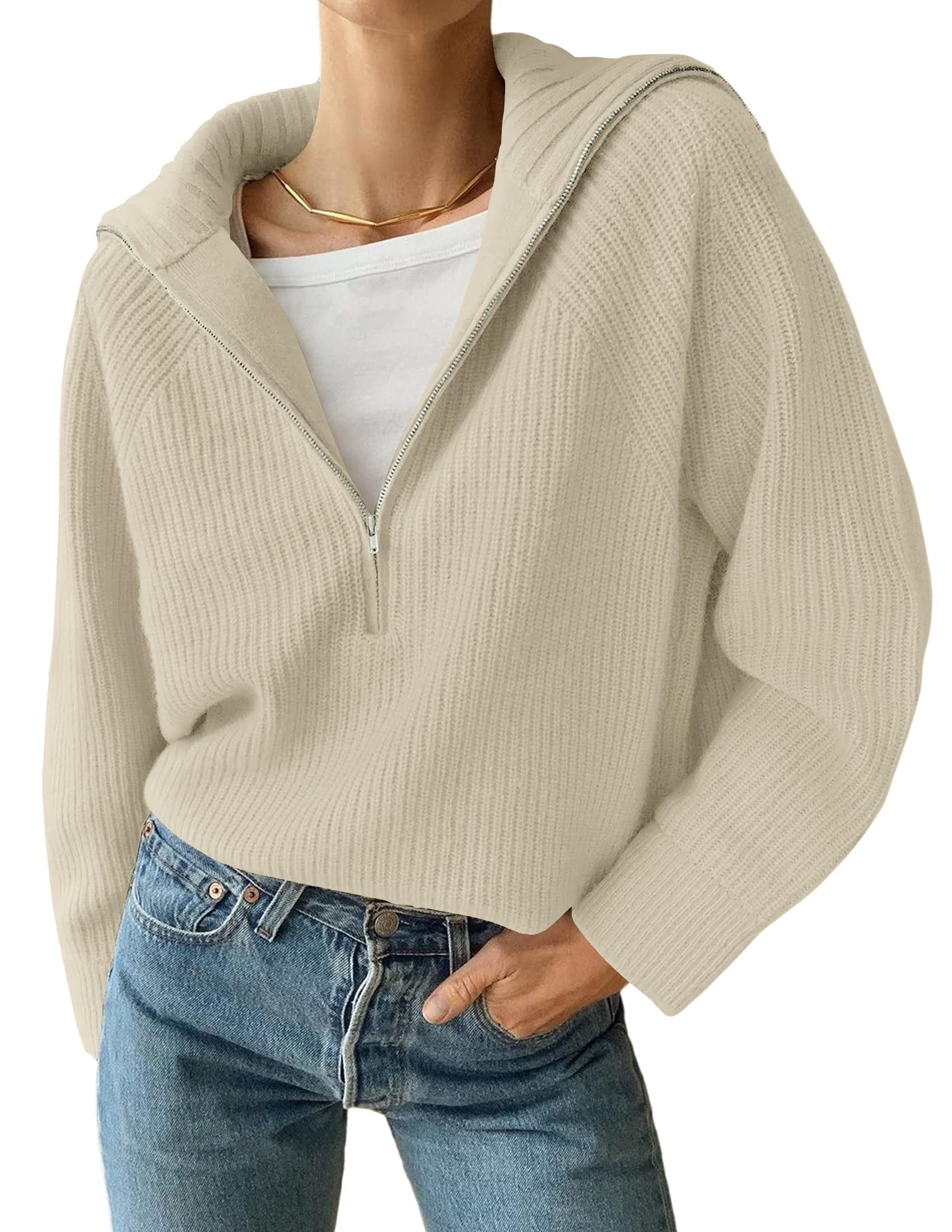 Luxuii Women's V Neck Sweaters Fall Long Sleeve Half Zipper Casual Oversized Tops