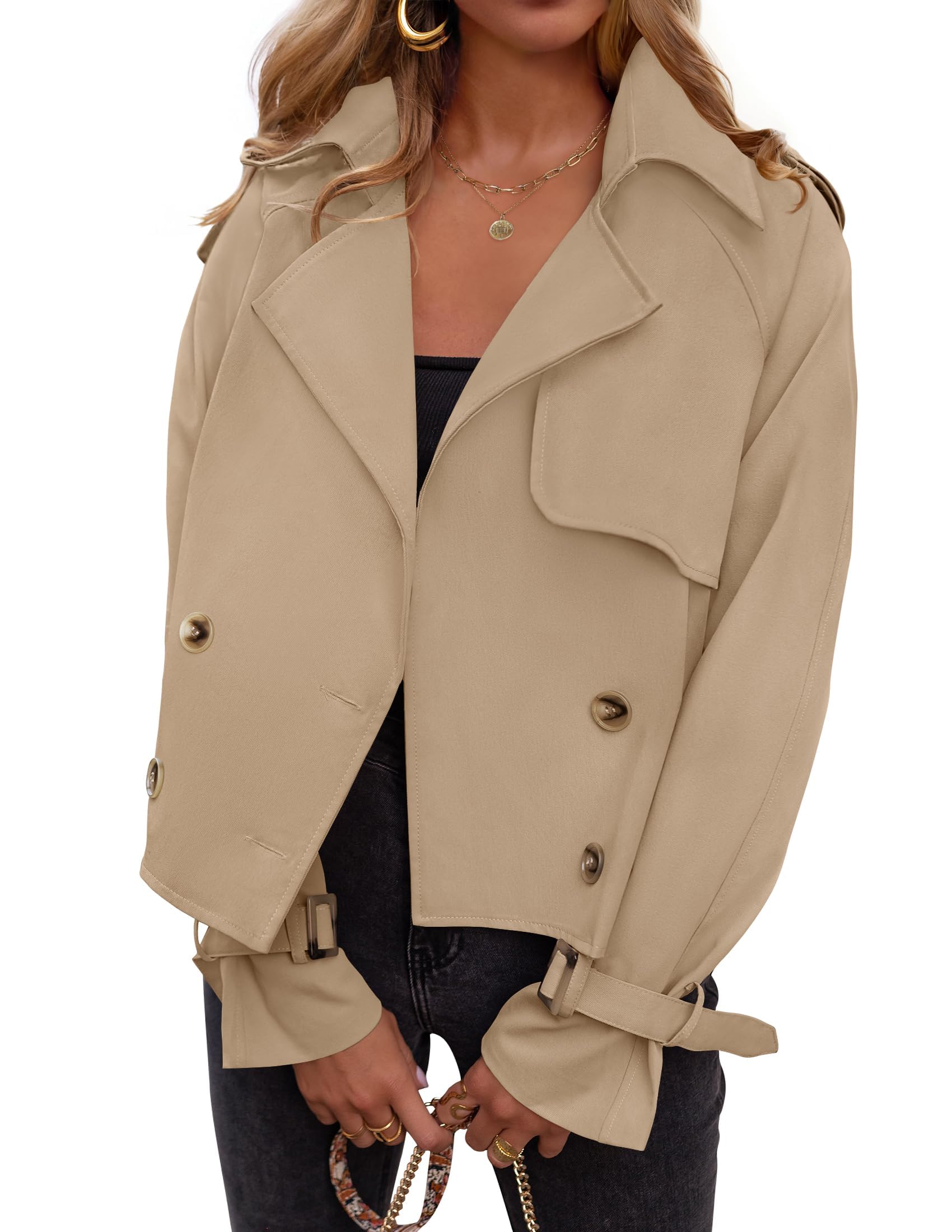 Luxuii Crop Trench Coat Lapel Double Breasted Loose Casual Jacket