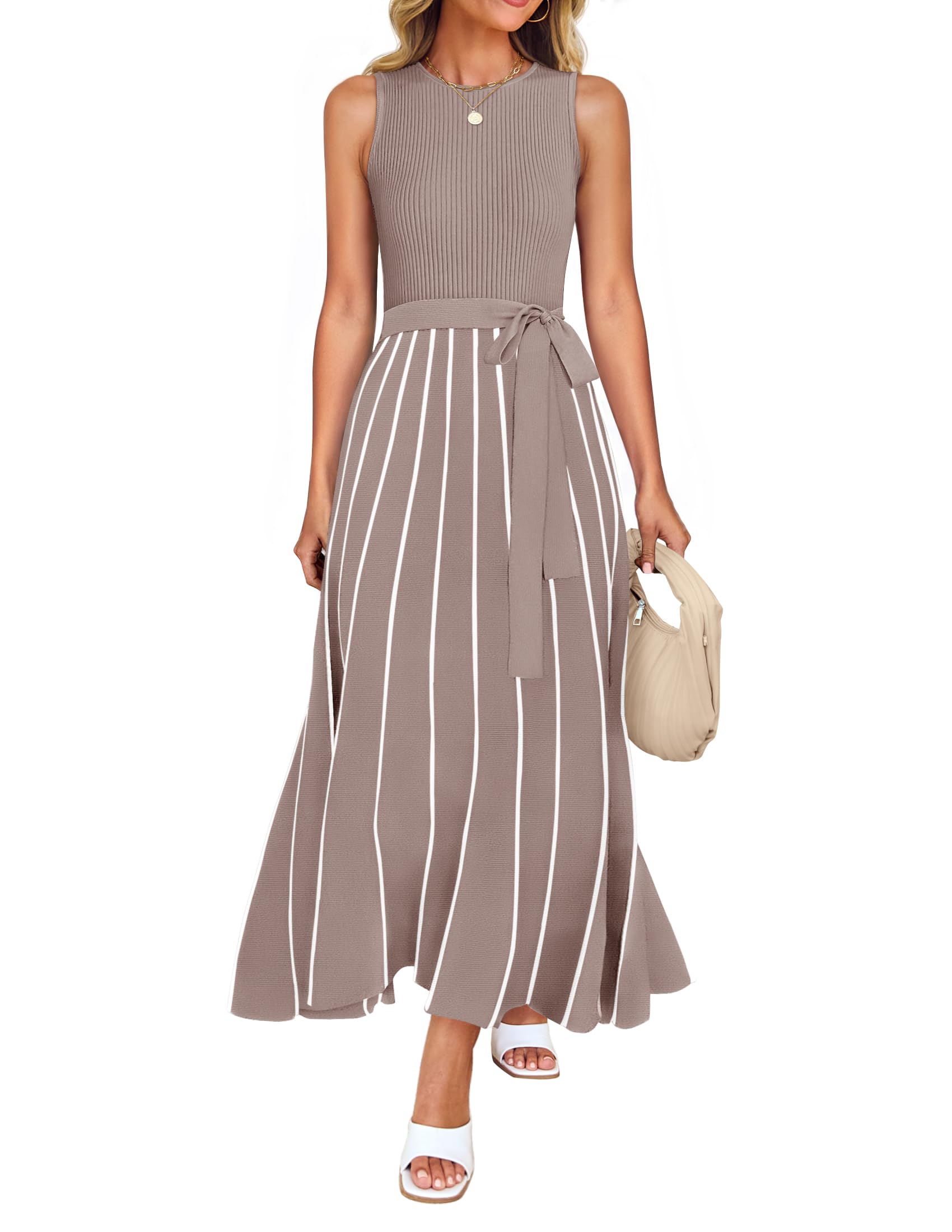 Luxuii Crewneck Ribbed Knit Tie Waist A Line Swing Dresses