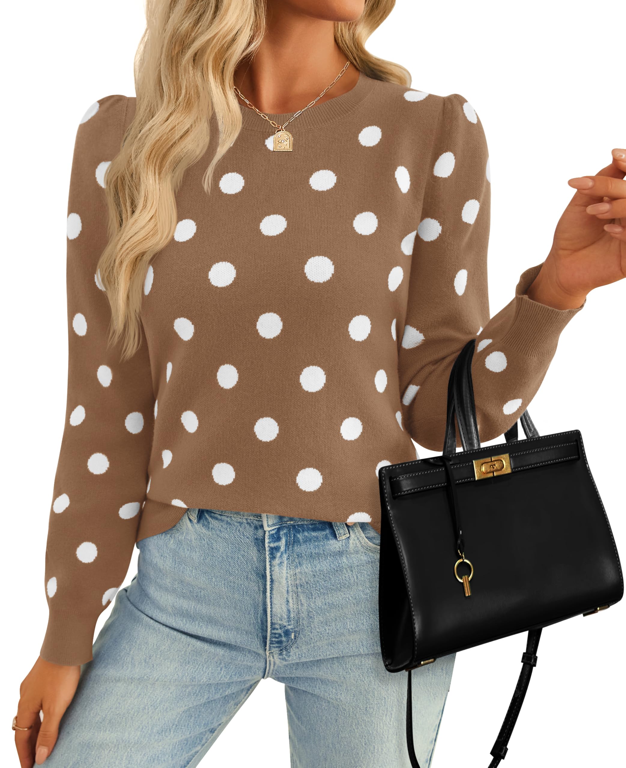 Luxuii Crewneck Polka Dots Ribbed Knit Soft Pullover Sweater