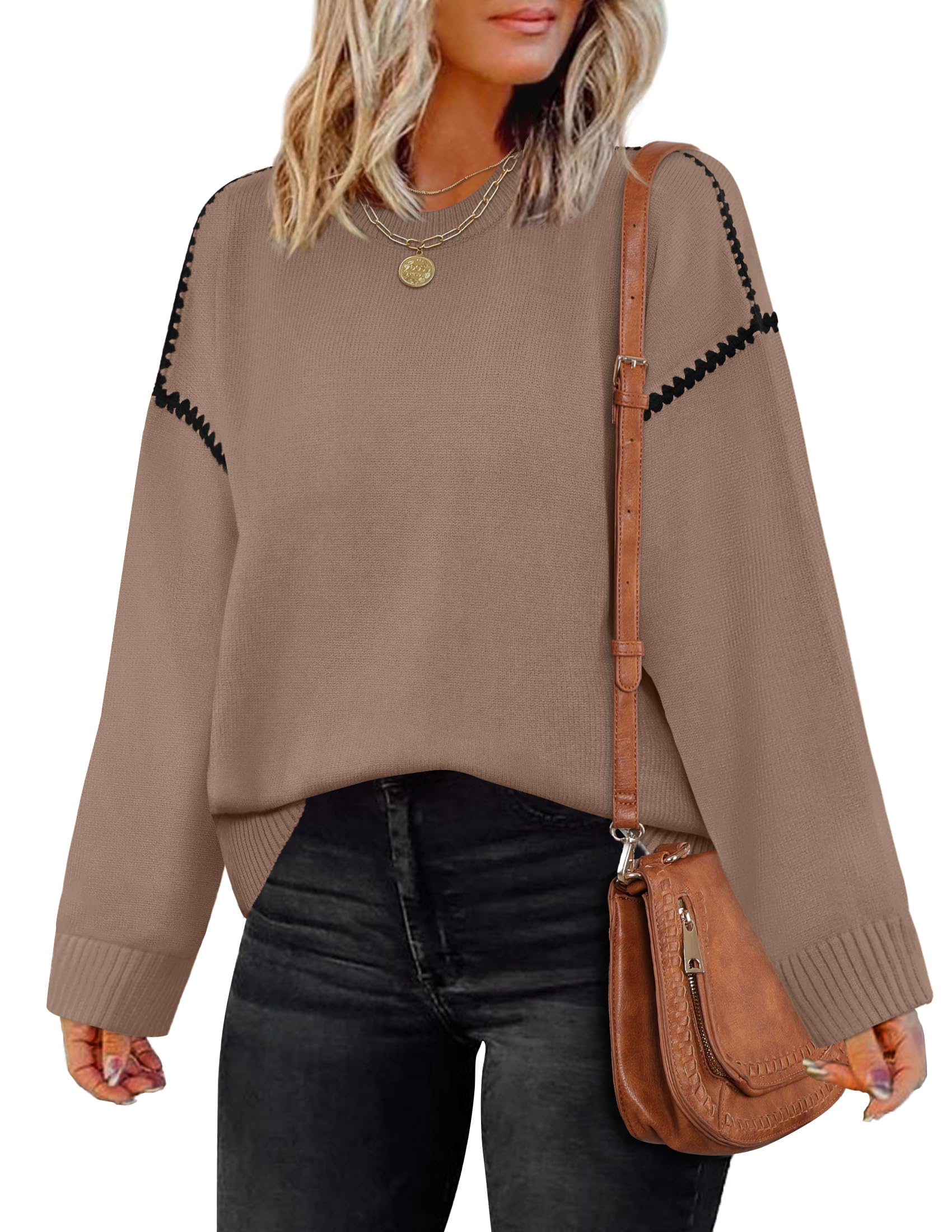 Luxuii Sweaters Crew Neck Loose Fit Ribbed Knit Color Block Soft Pullover Top