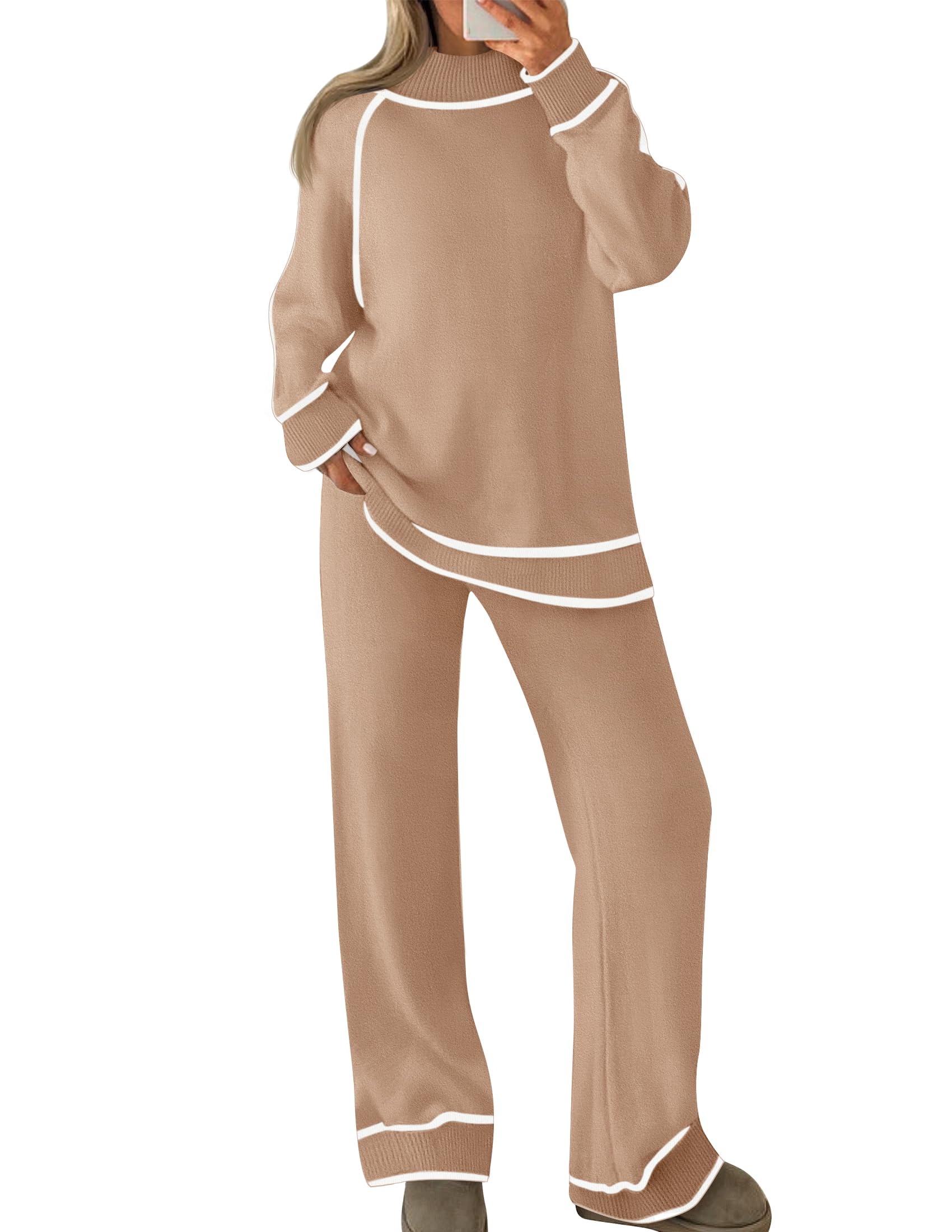 Luxuii Turtleneck Pullover Tops Wide Leg Pants Lounge Sets