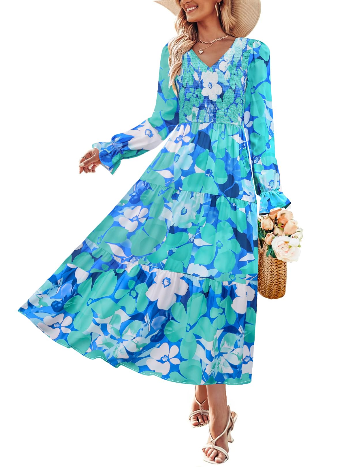 Luxuii Floral Boho V Neck A-Line Flowy Wedding Guest Dresses