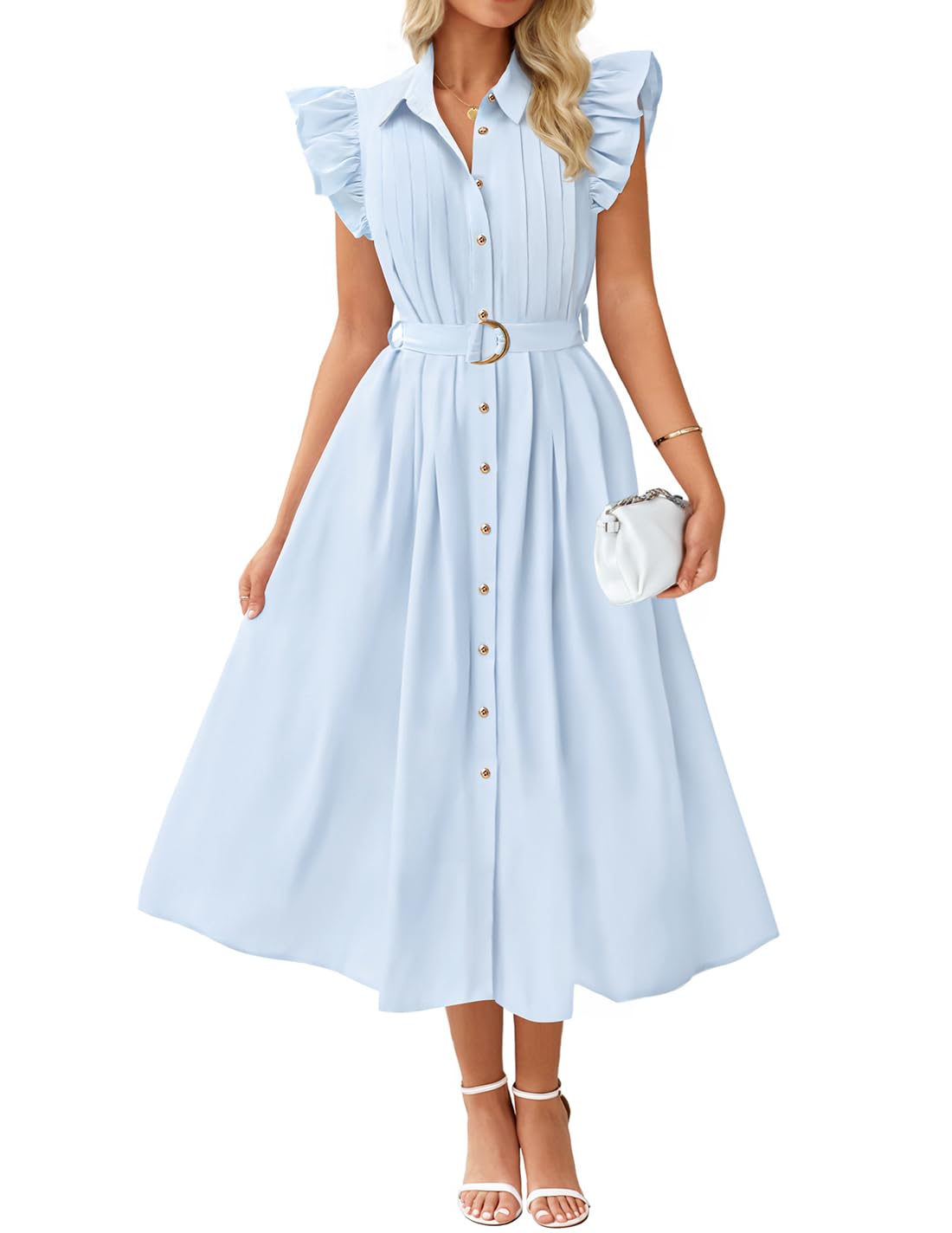 Luxuii Boho Button Casual V Neck Flutter Sleeve Belted Long Dresses