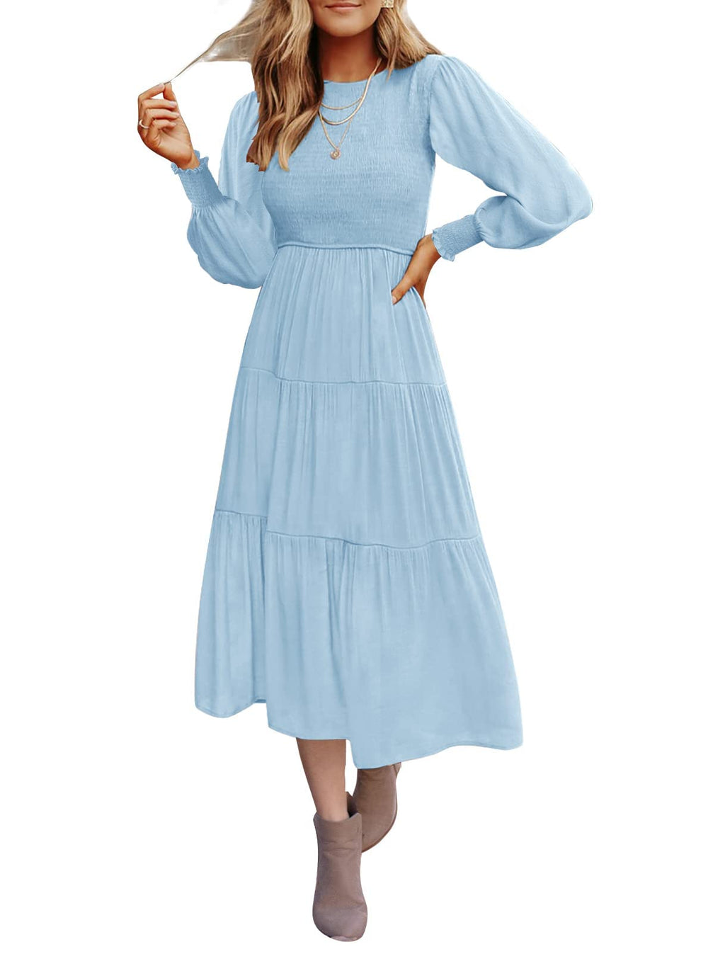 Luxuii High Waist Smocked Flowy Tiered Midi Dress