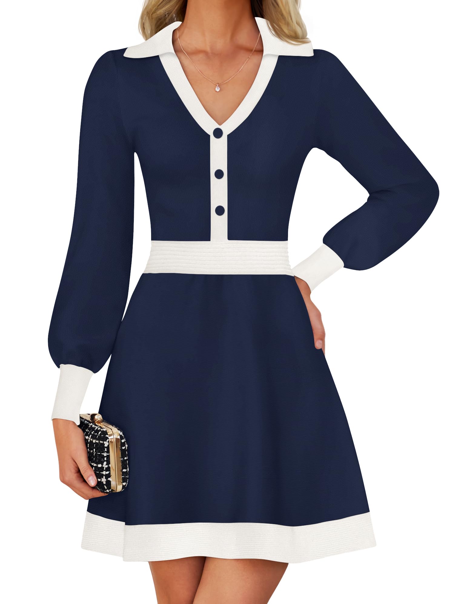 Luxuii V Neck Sweater Dress Collar Ribbed Knit Mini Dresses