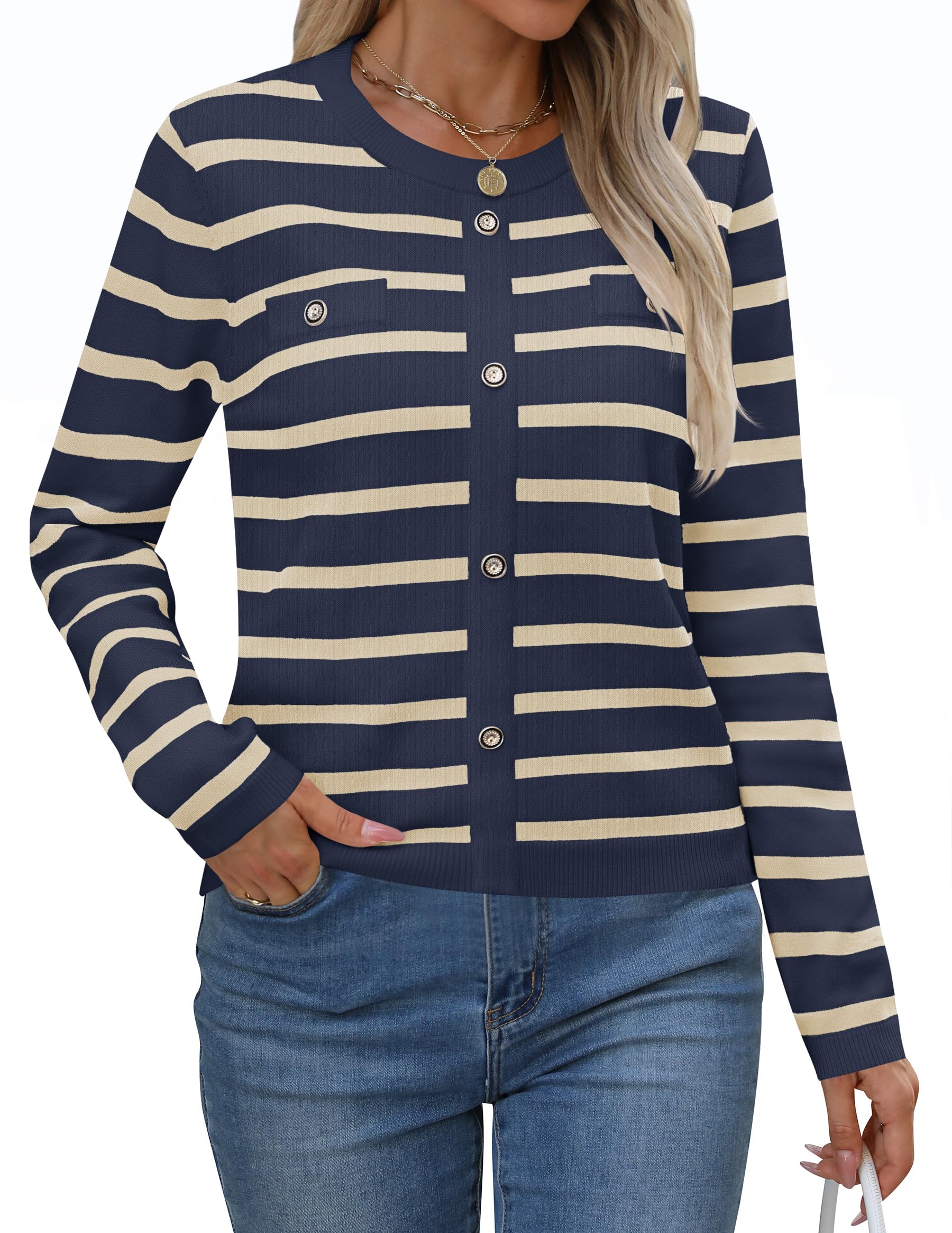 Luxuii Striped Crewneck Ribbed Knit Shirts Pullover Tops