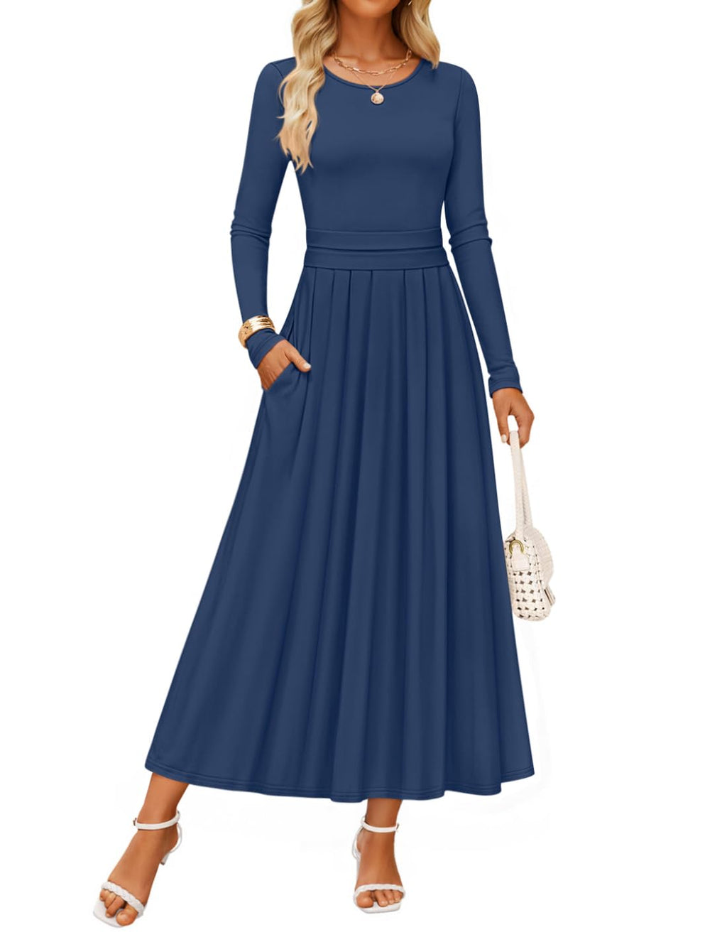 Luxuii Elegant Crewneck Knit High Wasit Pleated Flowy A Line Dresses