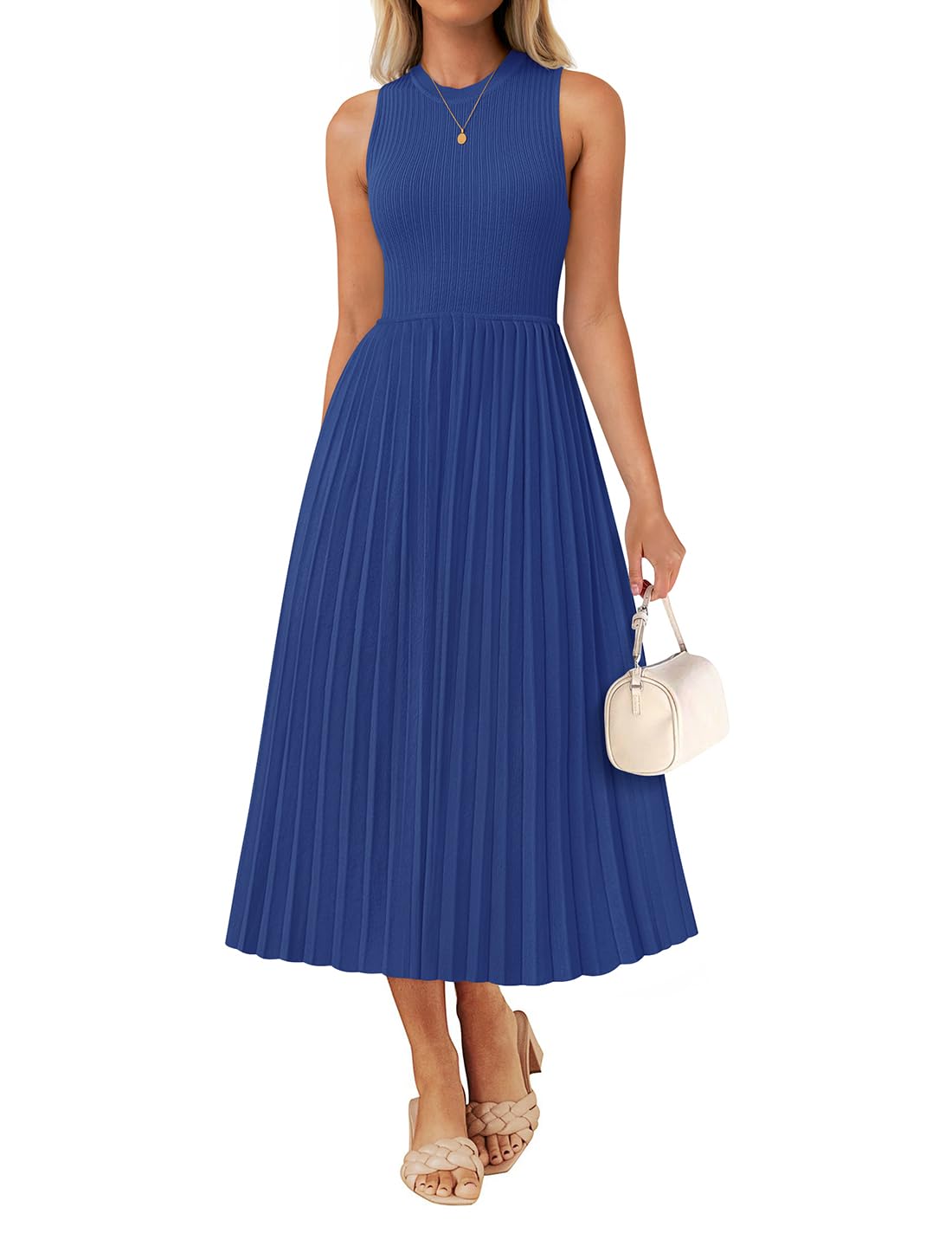 Luxuii Casual Crewneck Ribbed Knit Pleated A Line Swing Dress