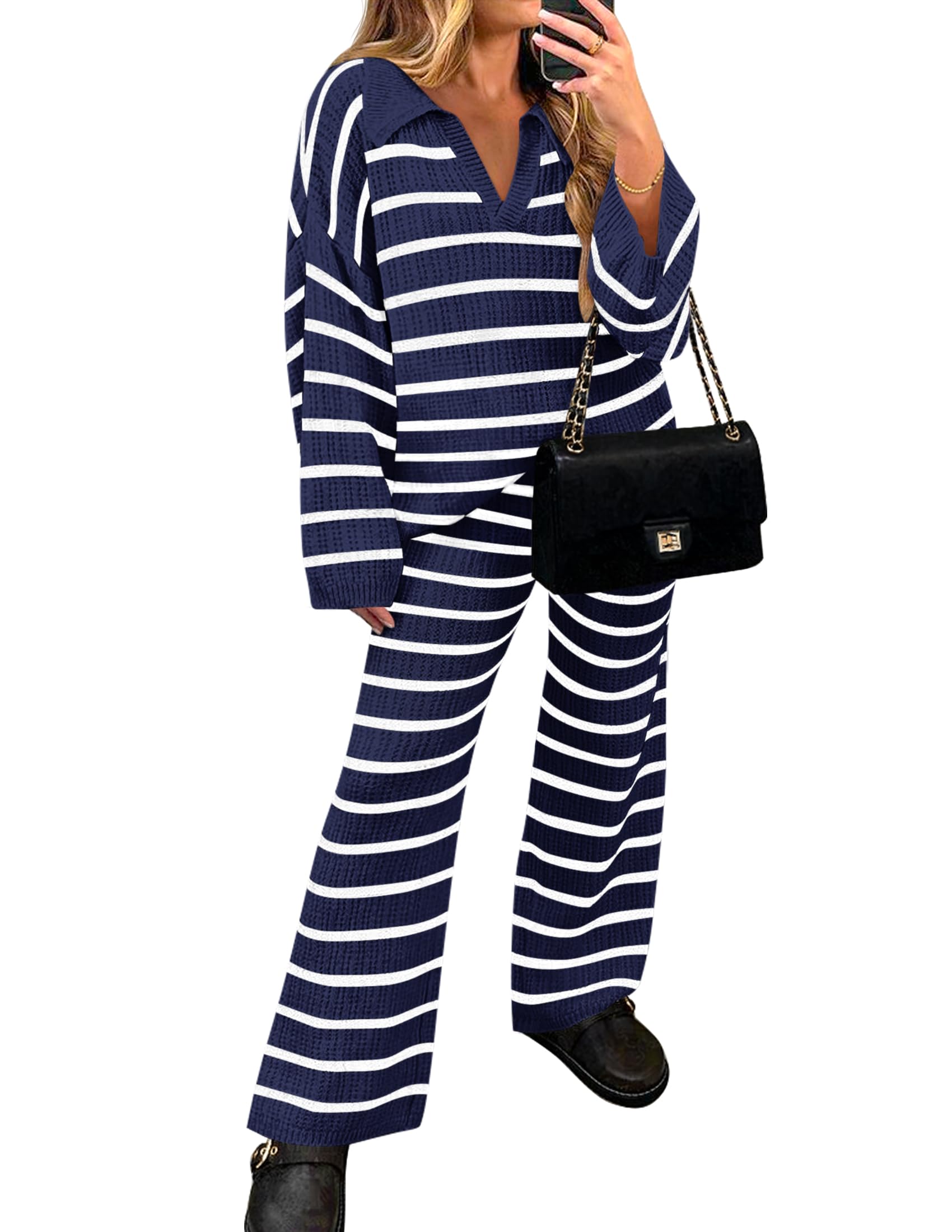 Luxuii Striped V Neck Knit Tops and Wide Leg Pants Lounge Set
