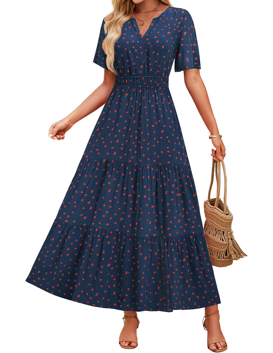 Luxuii Floral Print Short Sleeve V Neck High Waist Boho Dress