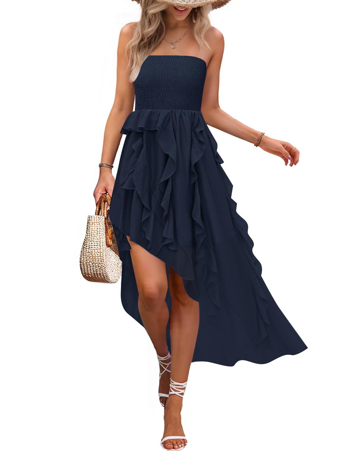 Luxuii Strapless Off Shoulder Smocked Tiered Ruffle Tube Sundress