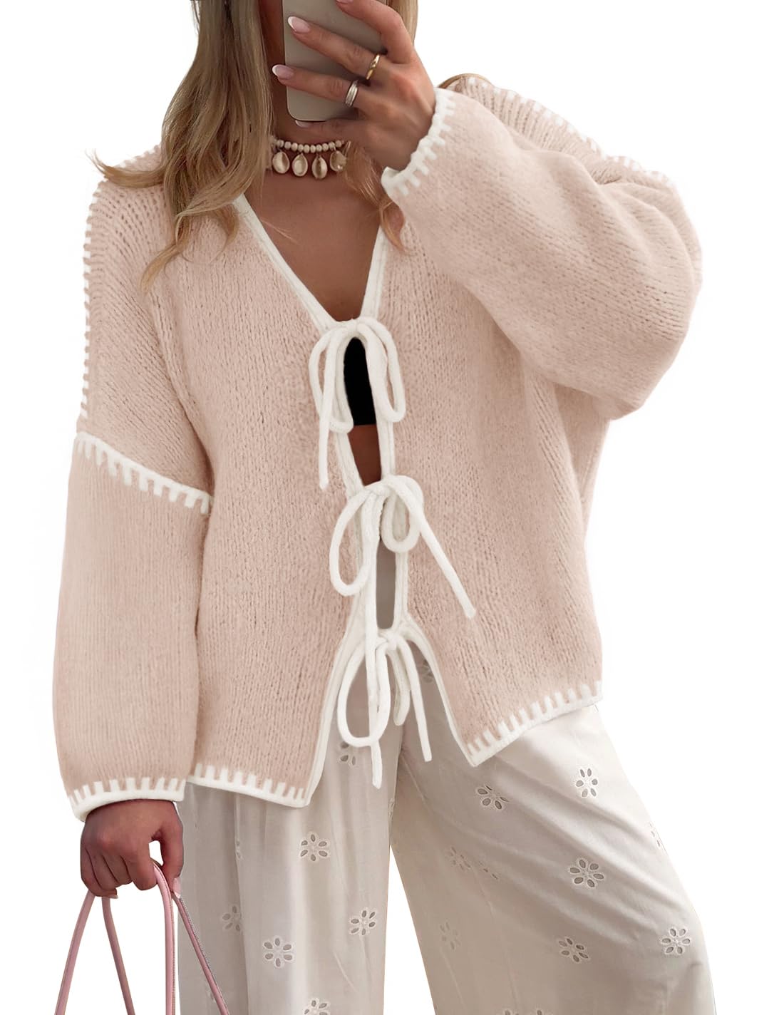 Luxuii Tie Front Bow Knit Color Block Fall Winter Clothing Coats