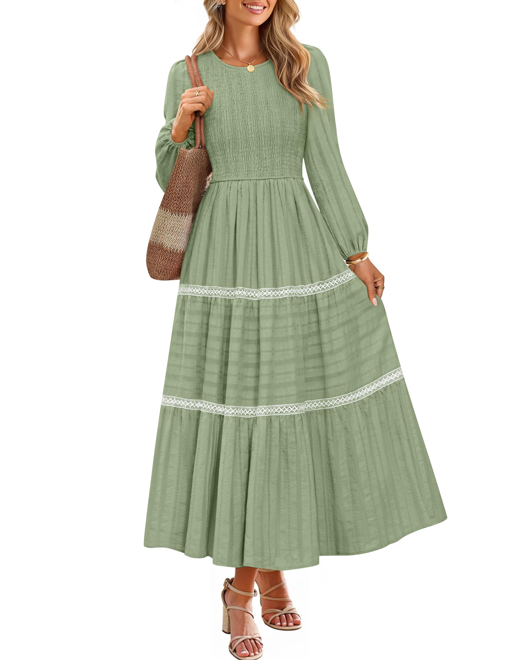 Luxuii Crewneck Smocked A Line Tiered Flowy Wedding Long Dress